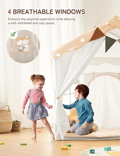 Miniatura 41 de Besrey Tienda de campaña para niños 2 en 1 con alfombrilla acolchada y luces, casa de juegos grande para niños con 2 puertas y 4 ventanas