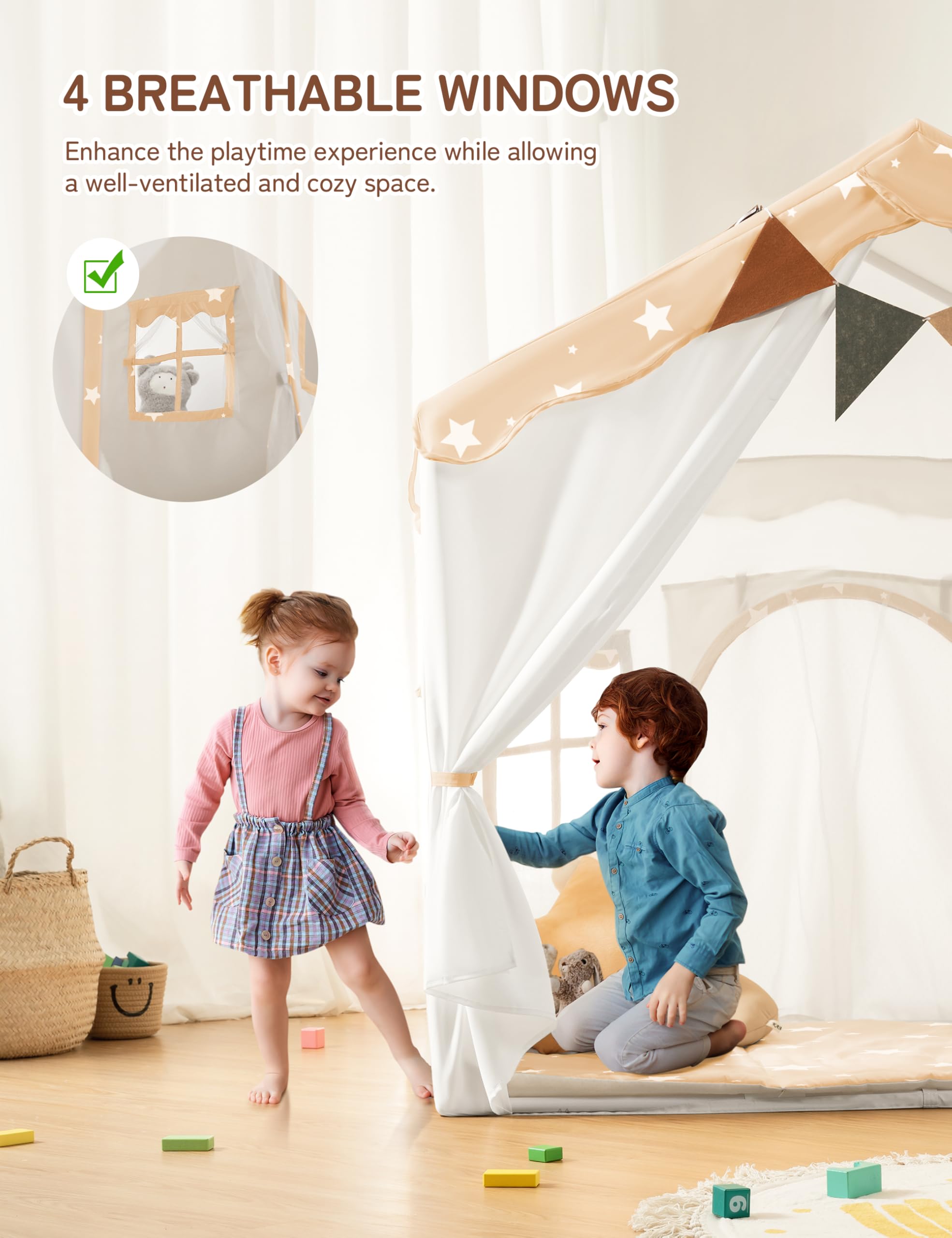 besrey 2 IN 1 Kinderzelt, Kinder Spielhaus Indoor mit Matte und Lichtern, Kinder Bettzelt,Spielzelt für Drinnen,Prinzessin Zelt, Kinderspielhaus, ab 3 Jahre mit Sternenmuster