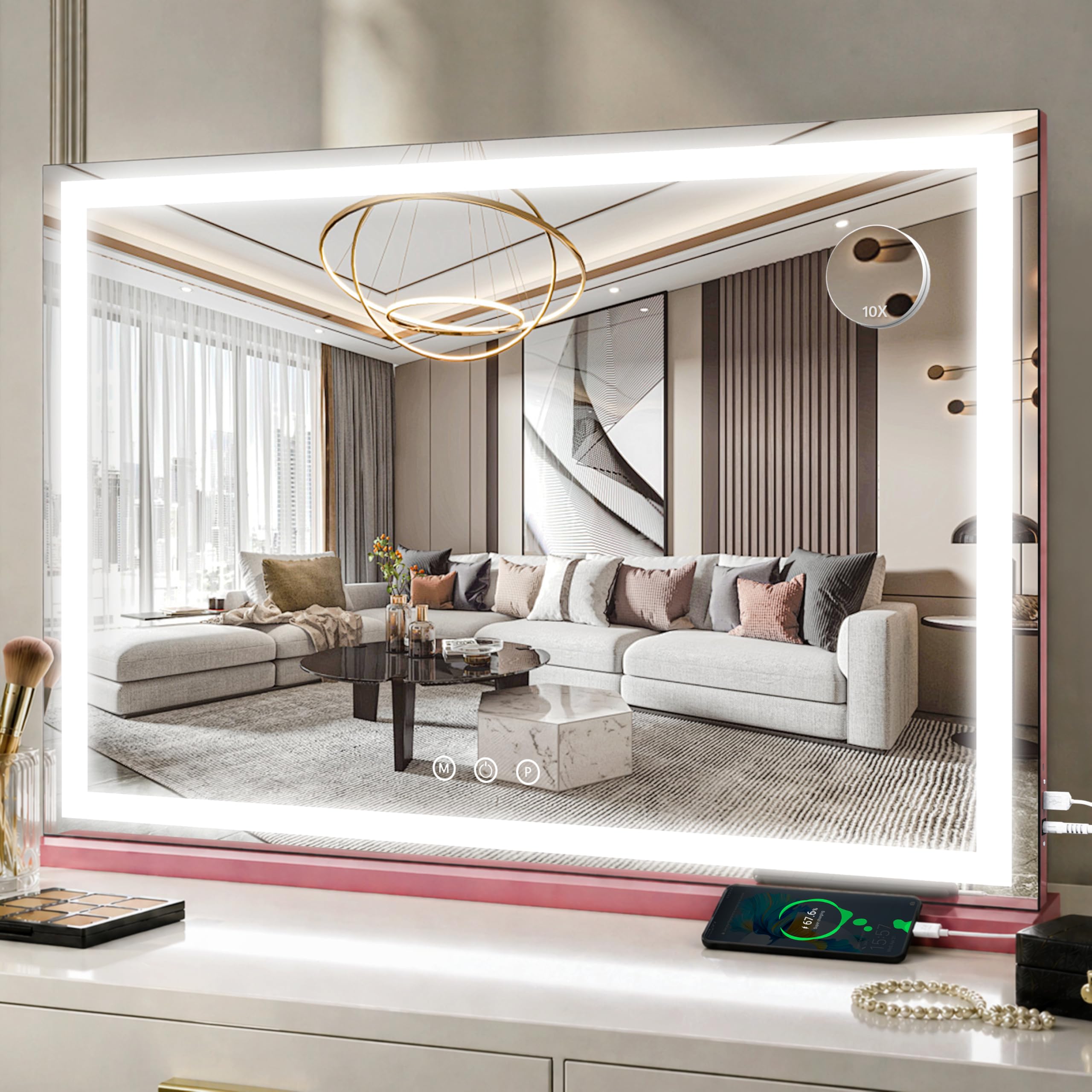 FENNIO Large Vanity Mirror with Lights，35.5" x 27" LED Makeup Mirror，Hollywood Mirror with 3 Color Modes &amp; Adjustable Brightness，Vanity Mirror Square Pink