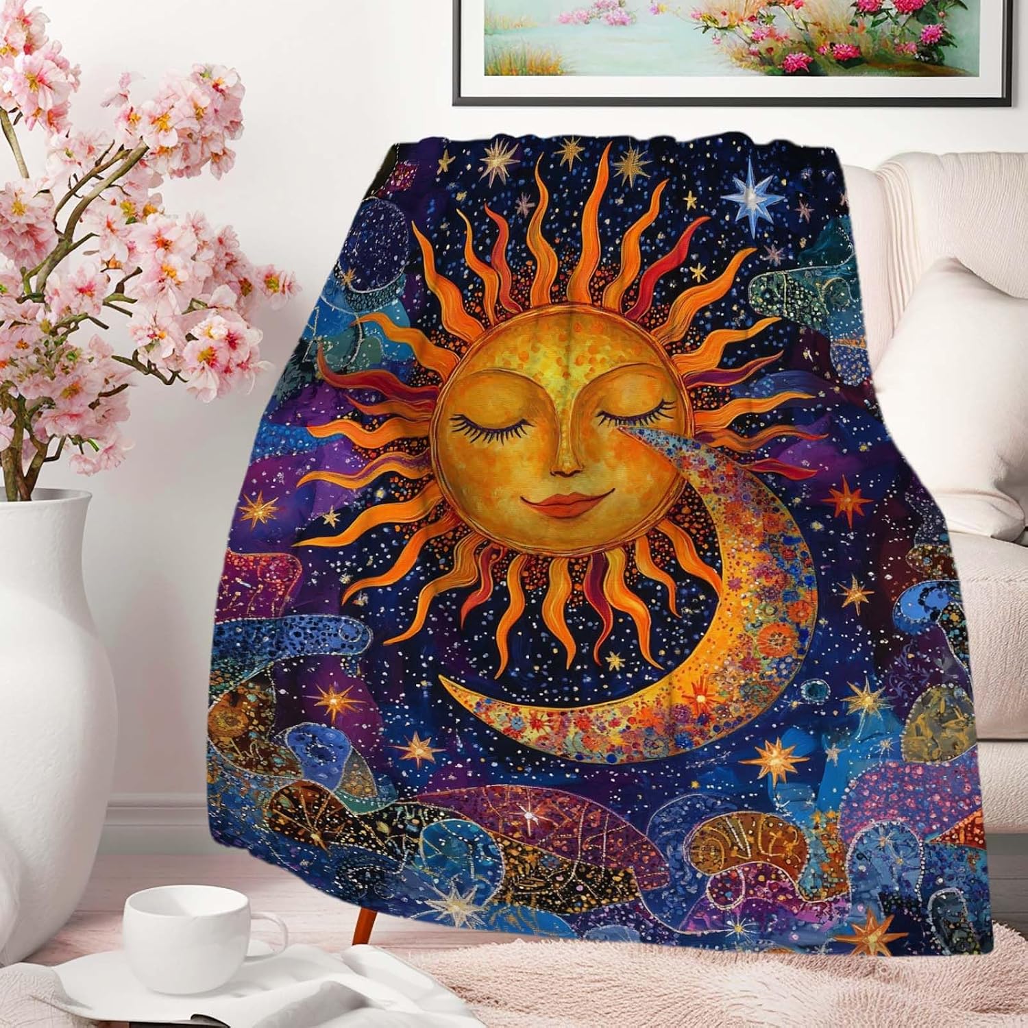 Sun and Moon Blanket Throw, Plush Blanket Gift for Adults, Hippie Witchy Lightweight Soft Fleece for Bedrooms, Meditation, and Decor, 40x50 Inches