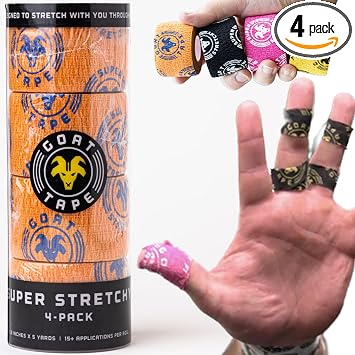 Goat Tape Super Stretchy Thumb Tape - Weightlifting Hook Grip Tape & WOD Tape for Cross Training, Gym Workout Tape, Athletic Finger Wrap - Flexes with Every Move - 15 Feet per Roll Orange 4-Pack