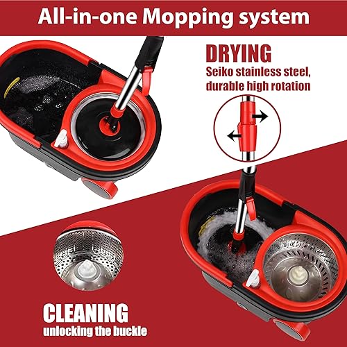 Miniatura 2 de Trapeador giratorio y cubo con juego de escurridor, trapeador giratorio y cubo con escurridor para el hogar, cubo de mopa de acero inoxidable 360