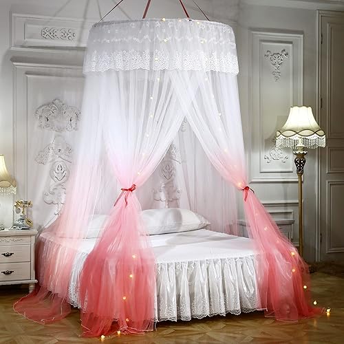 Mengersi Princess Bed Canopy with Lights Round Dome Bed Curtains Mosquito Net for King Queen Full Twin Size Bed(Round Canopy + Led Lights, Coral and White)