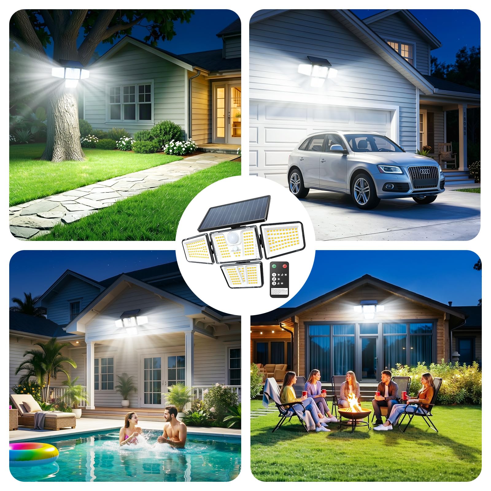 4 Stück Solarlampen für Außen mit Fernbedienung, 257 LEDs Außenlampe mit bewegungsmelder, 3 Modi, 4 Verstellbare Lampenköpfe, IP65 Wasserdichte Solarleuchte für Garage, Garten, Hof, Rasen