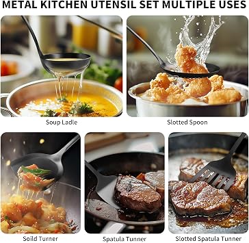 304 Stainlss Steel Kitchen Utensils Set, 10 Pcs Metal Cooking Utensil, Matte Kitchen Gadget Cookware and Kitchen Tool Set, Dishwasher Safe(Black)