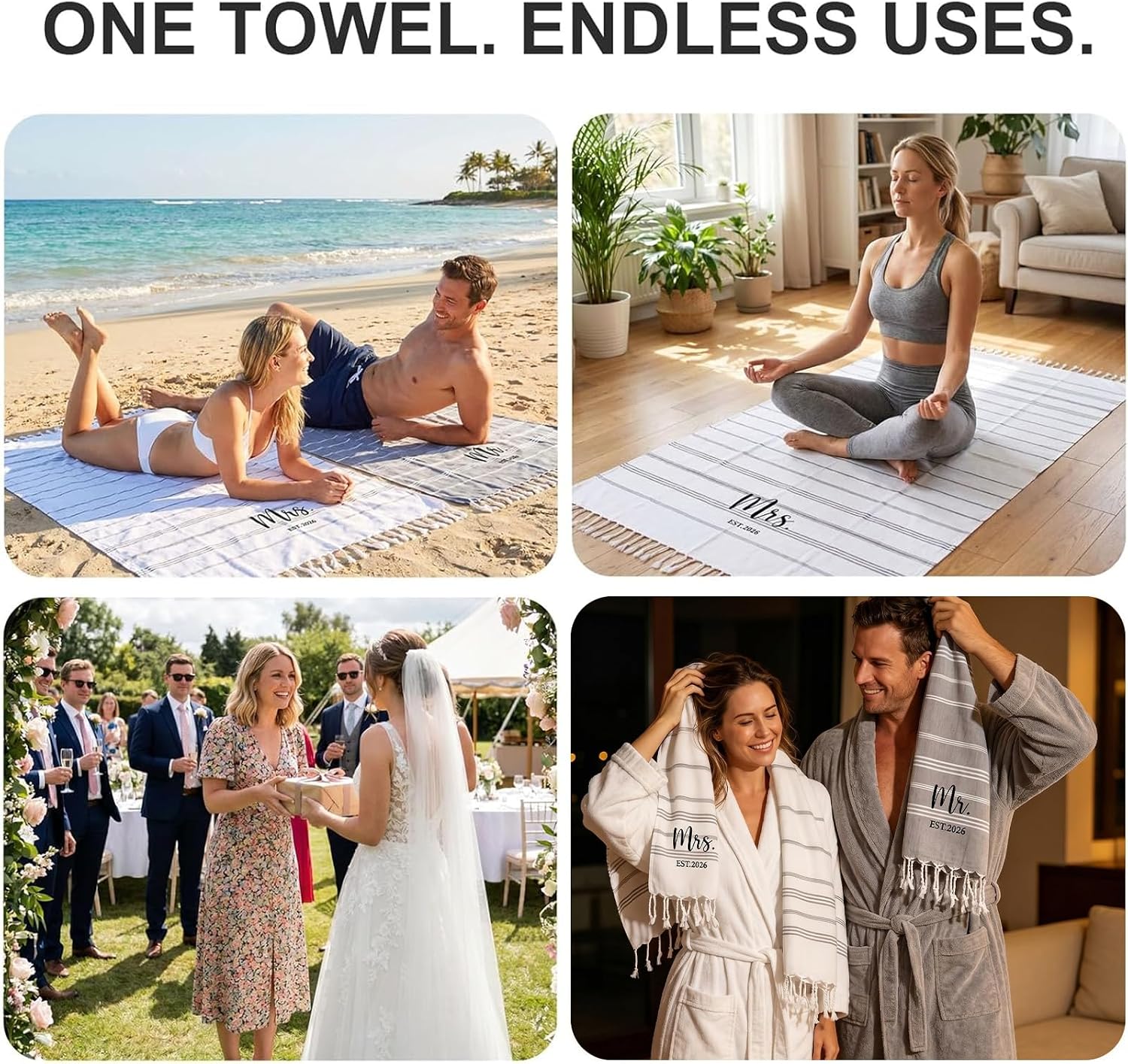 Physkoa 2Pcs Mr and Mrs Beach Towel, Honeymoon Bride and Groom Towel for Beach, Wedding for Newlywed Couple His and Her, Quick Dry Soft Turkish Beach Favors with Tassels, 71x39 Inch (Grey, White)