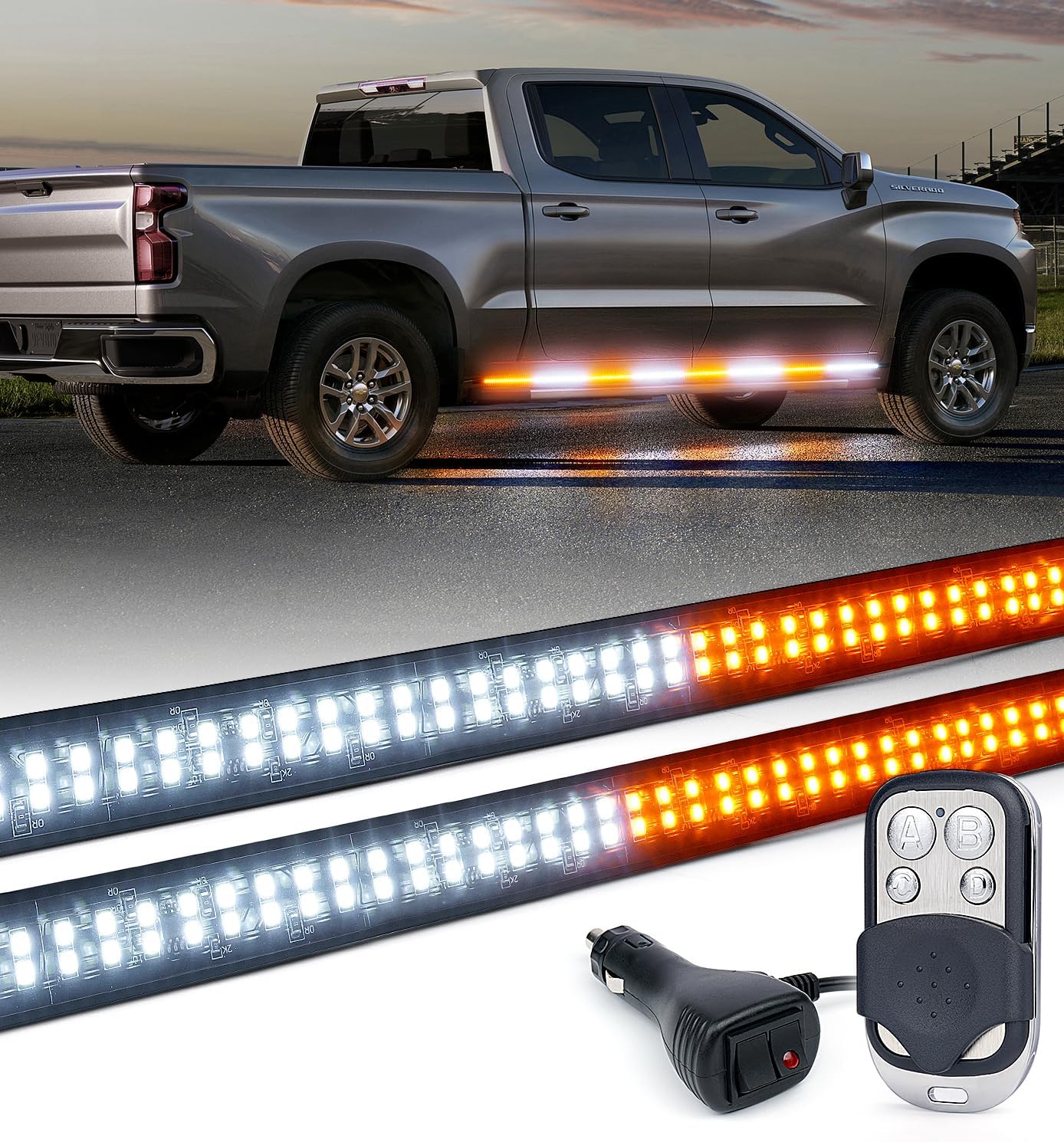 LUMENIX 70-Inch Running Board Strobe Lights Strip Amber Light Bar for Trucks LED Emergency Lights for Vehicles Flexible Flashing Warning Safety Security Lights for Cars Pickups - Yellow White