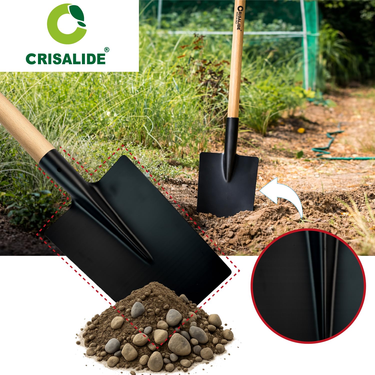 Crisalide® - Vanga Nera da Giardino con Manico in Legno di Faggio 135 cm – Scocca in Acciaio Verniciato Rinforzato, Attacco Conico con Vite Inclusa, Ideale per Terreni Duri, Rocciosi ed Erbosi