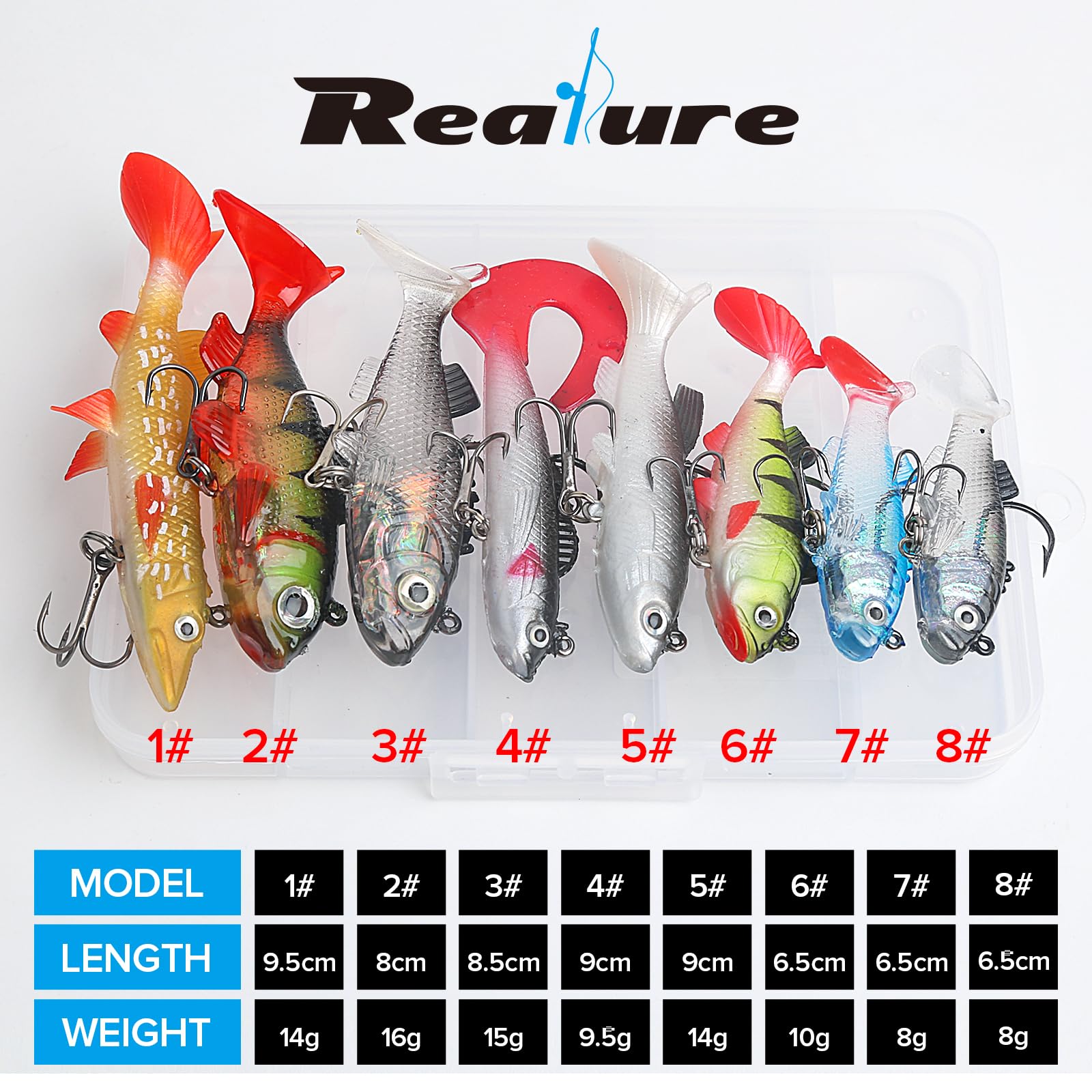 Realure 8 Pezzi Kit di Esche Artificiali Spinning Mare, 5 Dimensioni Shad Spinning, Esche da Pesca per Trote d'Acqua Dolce, Minnow Spin per Acqua Salata, Pesca Alla Trota, Spigola, Salmone