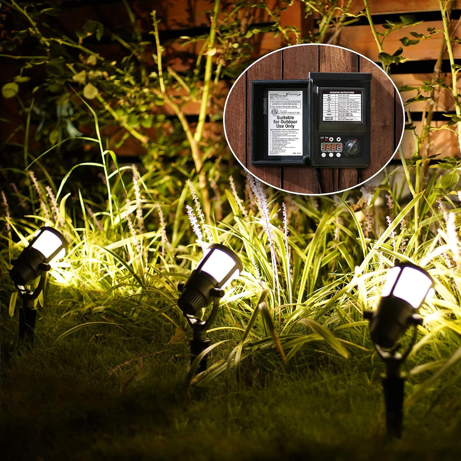Malibu Low Voltage Landscape Transformer 200W Low Voltage Landscape Lighting Power Pack for Outdoor Spotlight Path Light Floodlight 120V to12V with Photo Sensor Timer and Weatherproof Shield