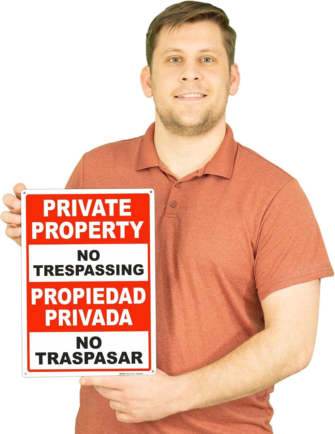Brimar - 10" x 14" - Bilingual Private Property No Trespassing Sign - .040″ Rust-Free Aluminum - Bold Text And Symbol - Easy Installation, Red