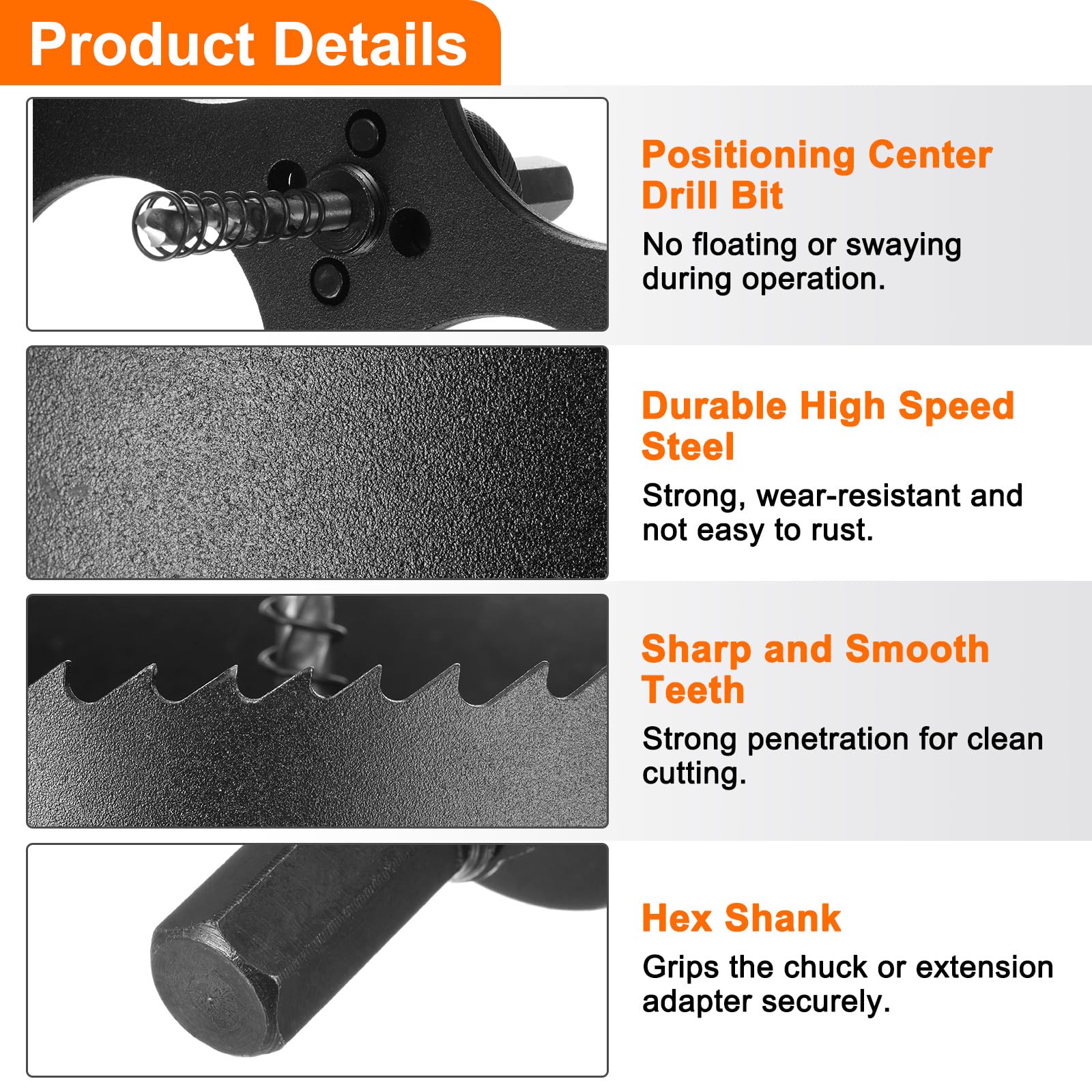 sourcing map Kit di seghe a tazza bimetalliche da 254 mm con 1 albero esagonale da 1/2", 5 punte da trapano centrali da 1/4", 2 molle, 1 chiave per legno, plastica, metallo morbido
