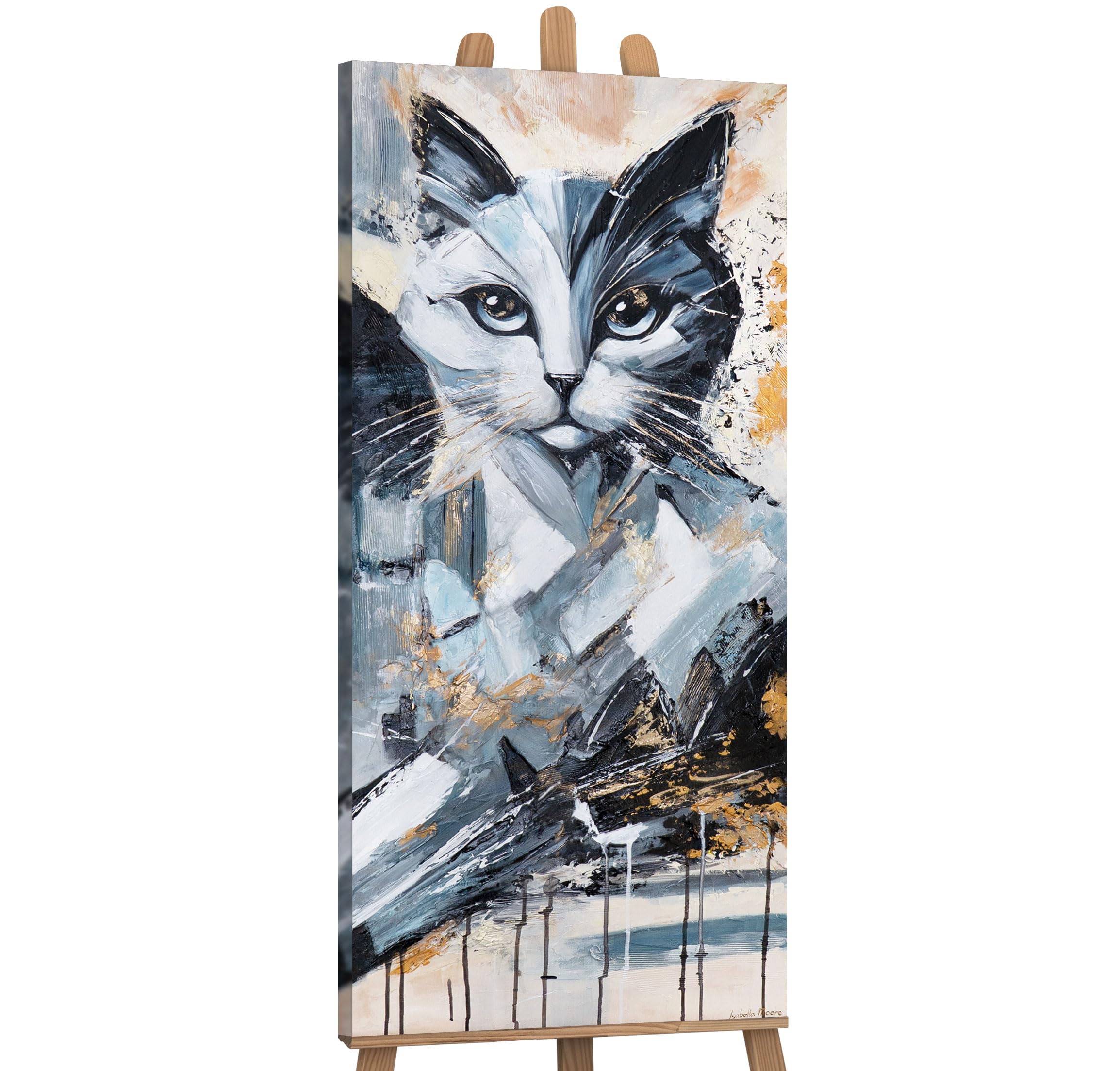 Ys The Mystery Of The Cat -Art Original Acrylic Painting | Abstract Black And White Cat Portrait | Modern Animal Canvas | Wall Art For Living Room 45X20 Inch