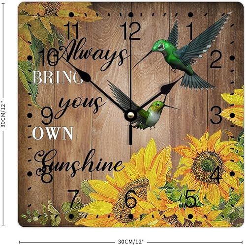 Miniatura 9 de Reloj de pared de PVC Always Bring Yours Own Sunshine Relojes sin marco, colibrí, girasol, 12 pulgadas, cita refranes, cuadrado, silencioso, sin