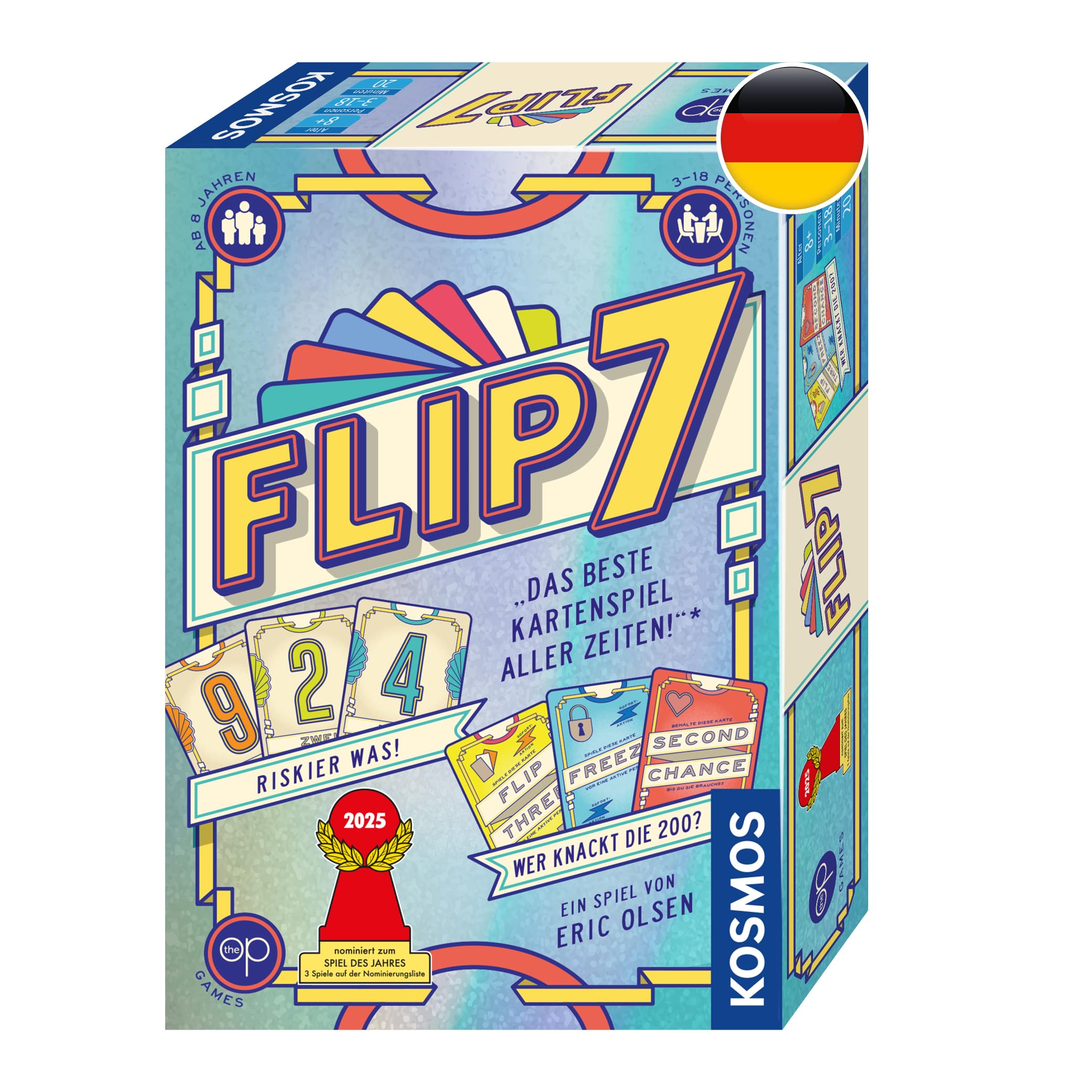 Kosmos 685430 Flip 7, German Edition, Card Game with Quick and Easy Blackjack Principle, for 3-18 People from 8 Years, Game for Large Groups