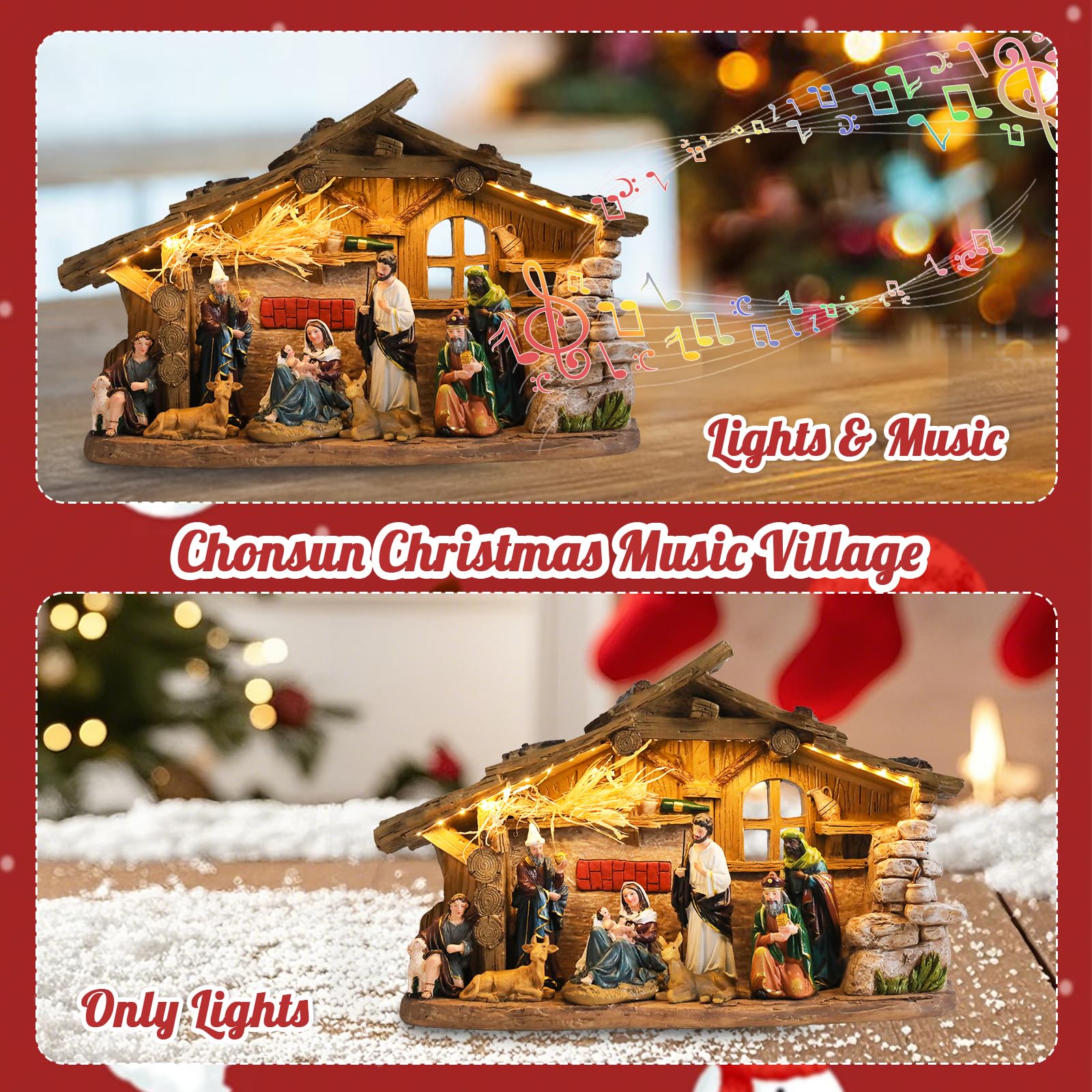 Belén para interiores de 10.2 pulgadas de Navidad, pueblo musical, pesebre, juegos de pesebre, figuras de Navidad de Jesús, decoraciones de Navidad