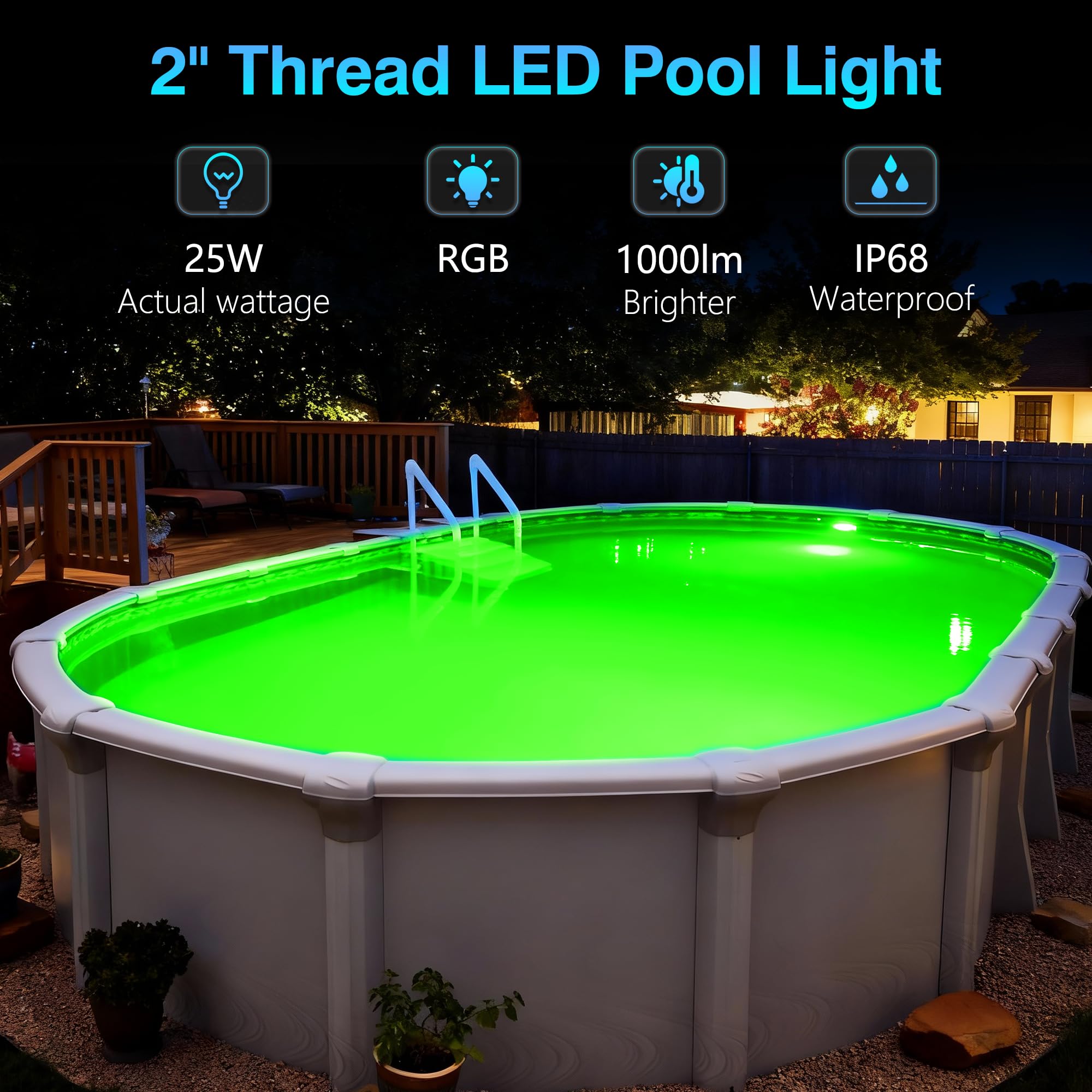 LED Poolbeleuchtung mit 2" Außengewinde, 25W Harz Gefüllt RGB Mehrfarbig Poolscheinwerfer mit Fernbedienung, 1000lm, Ø242mm, 12V AC Unterwasserscheinwerfer für Aufstellbecken Stahlwandpool