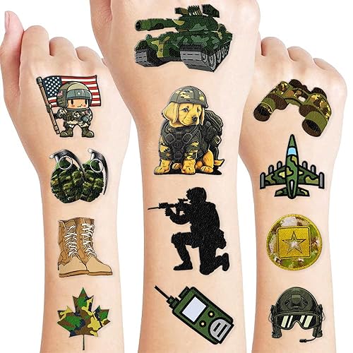 Tatuajes temporales de camuflaje militar  Día de los Caídos 80 piezas de camuflaje, calcomanías temáticas del Día de los Veteranos para niños,