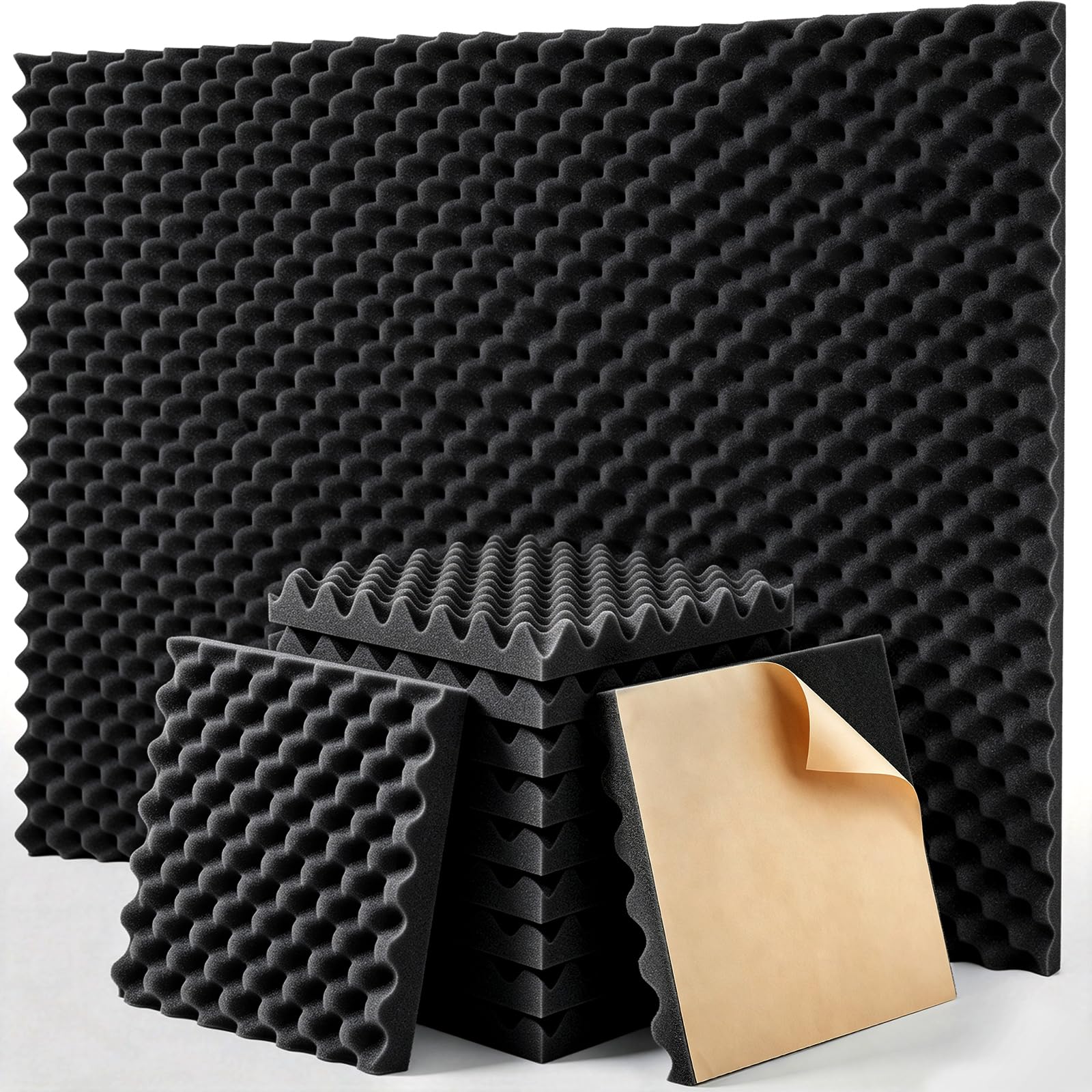 SD SODOCT 24 Pack Self-Adhesive 12" X 12" X 1.2" Egg Crate Soundproof Wall Panels for Studio, Room Acoustic Treatment Foam, Sound Absorbing Foam Black