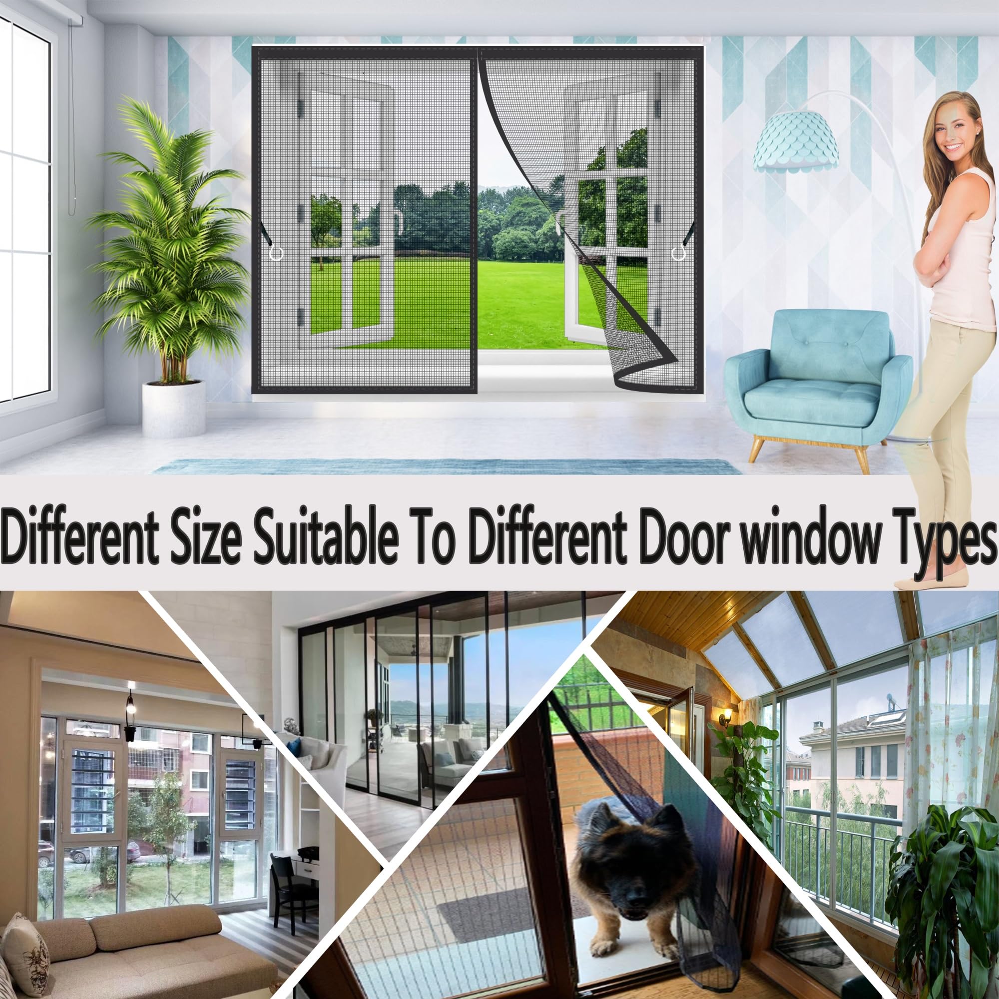 Magnet Fliegengitter Fenster,270x210cm Netz Seitliche Öffnung Fliegengitter Ohne Bohren Insektenschutz Balkontür Fliegenvorhang aus Fiberglas Netz,mit Klebeband,für Terrassentür,Kellertür Schwarz