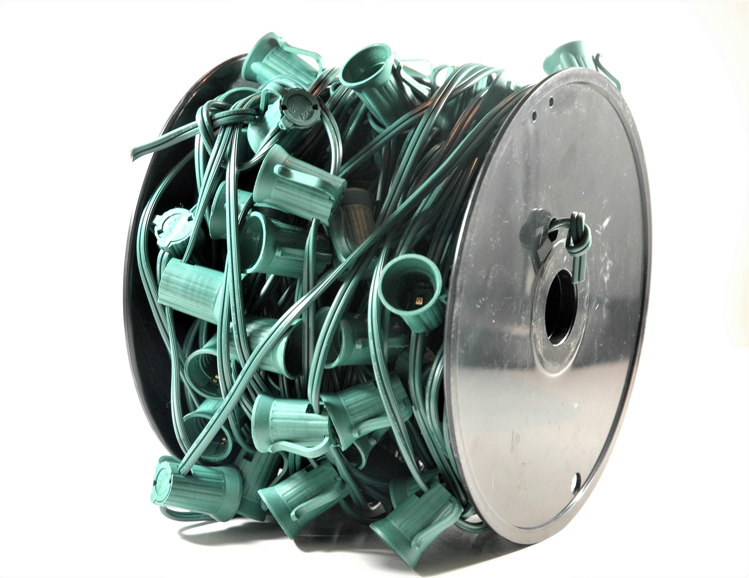 MIK Solutions100 Feet C9 Christmas Spool Green Wire with Socket Stringer Bulk Reel, 12" Spacing, Intermediate Base (C9/E17), SPT-1 (100, 100Ft)