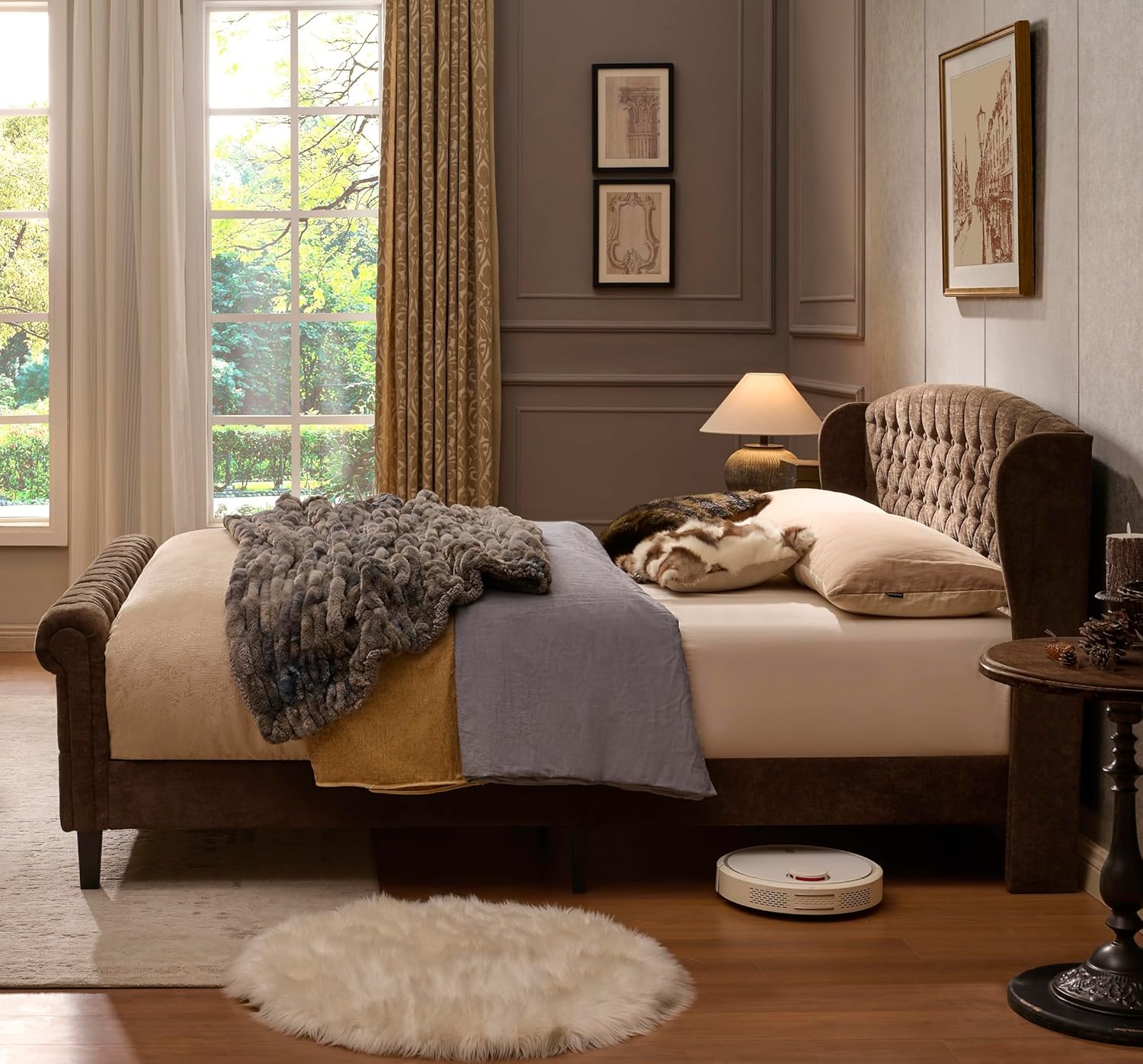 Queen Size Platform Bed Frame, Upholstered Sleigh Bed with Wingback Button Tufted Headboard and Footboard/Non-Slip and Noise-Free/Wooden Slats Support/No Box Spring Needed/Easy Assembly, Vintage Brown