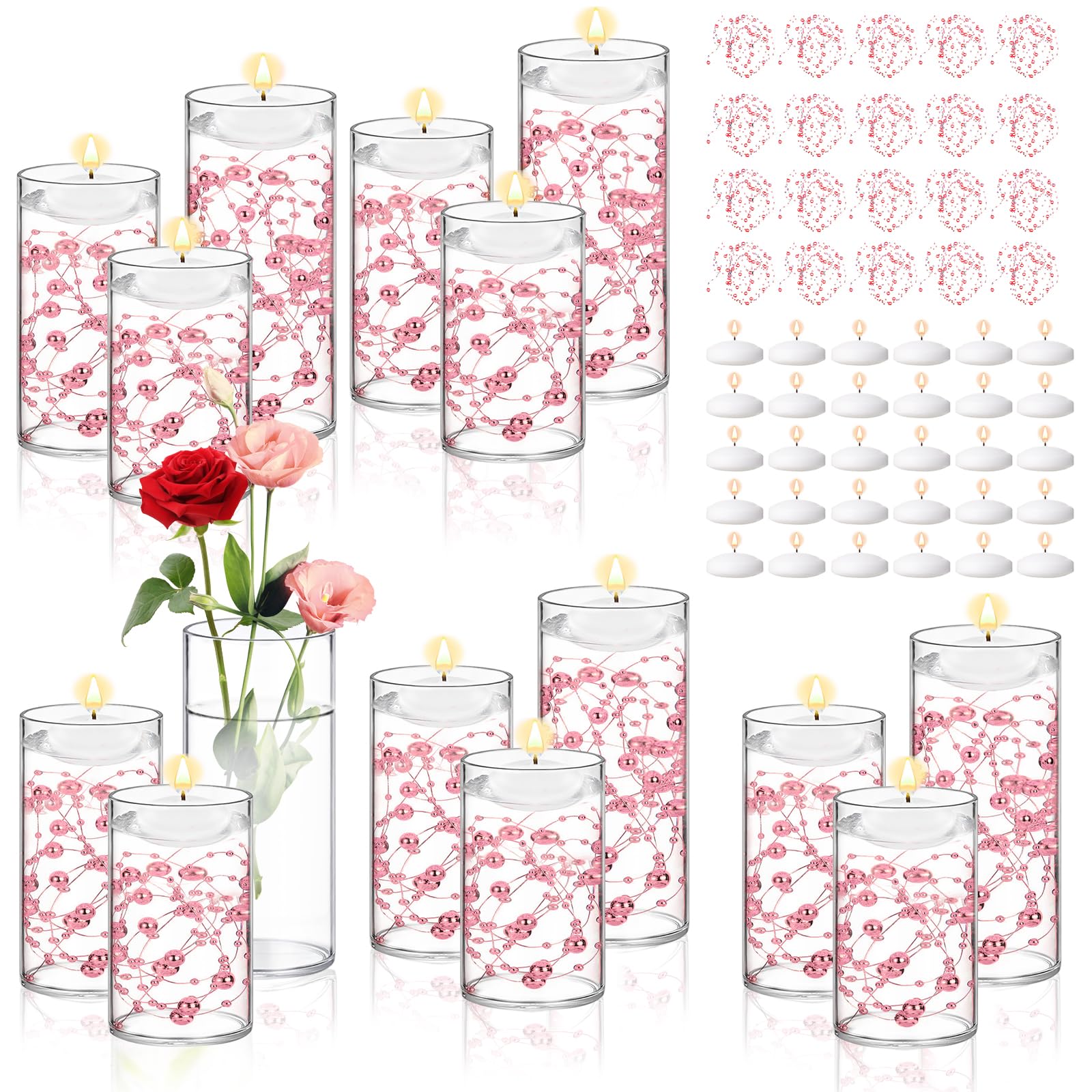 15 Set Valentines Day Glass Cylinder Vase with 20 Artificial Pearl String 30 White Floating Candle Multi-Size Cylinder Vase for Centerpieces 4"+ 6" + 8" Glass Cylinder Vase for Wedding Table Decor