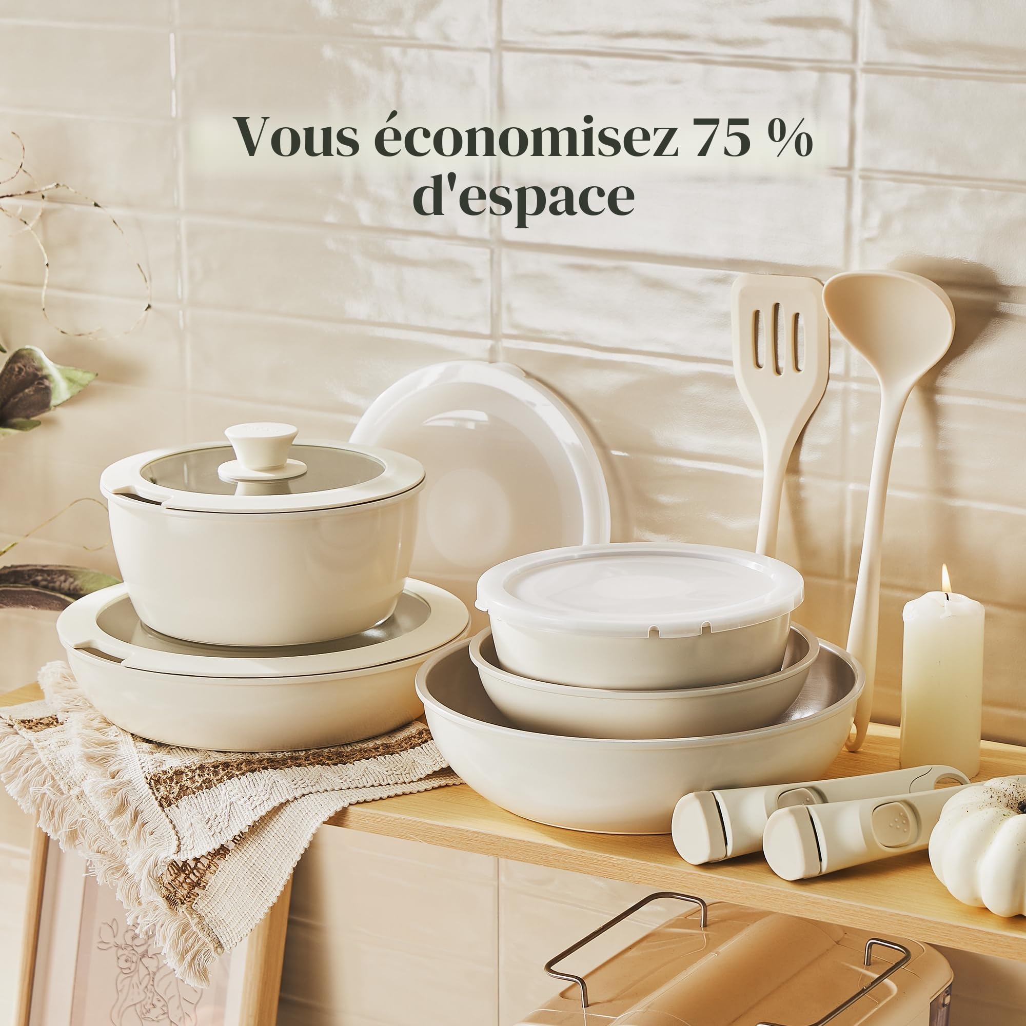 Redchef batterie de cuisine céramique 16 pièces, poêle et casserole antiadhésives, poignée amovible, induction, sans PFAS, lave-vaisselle (Beige)