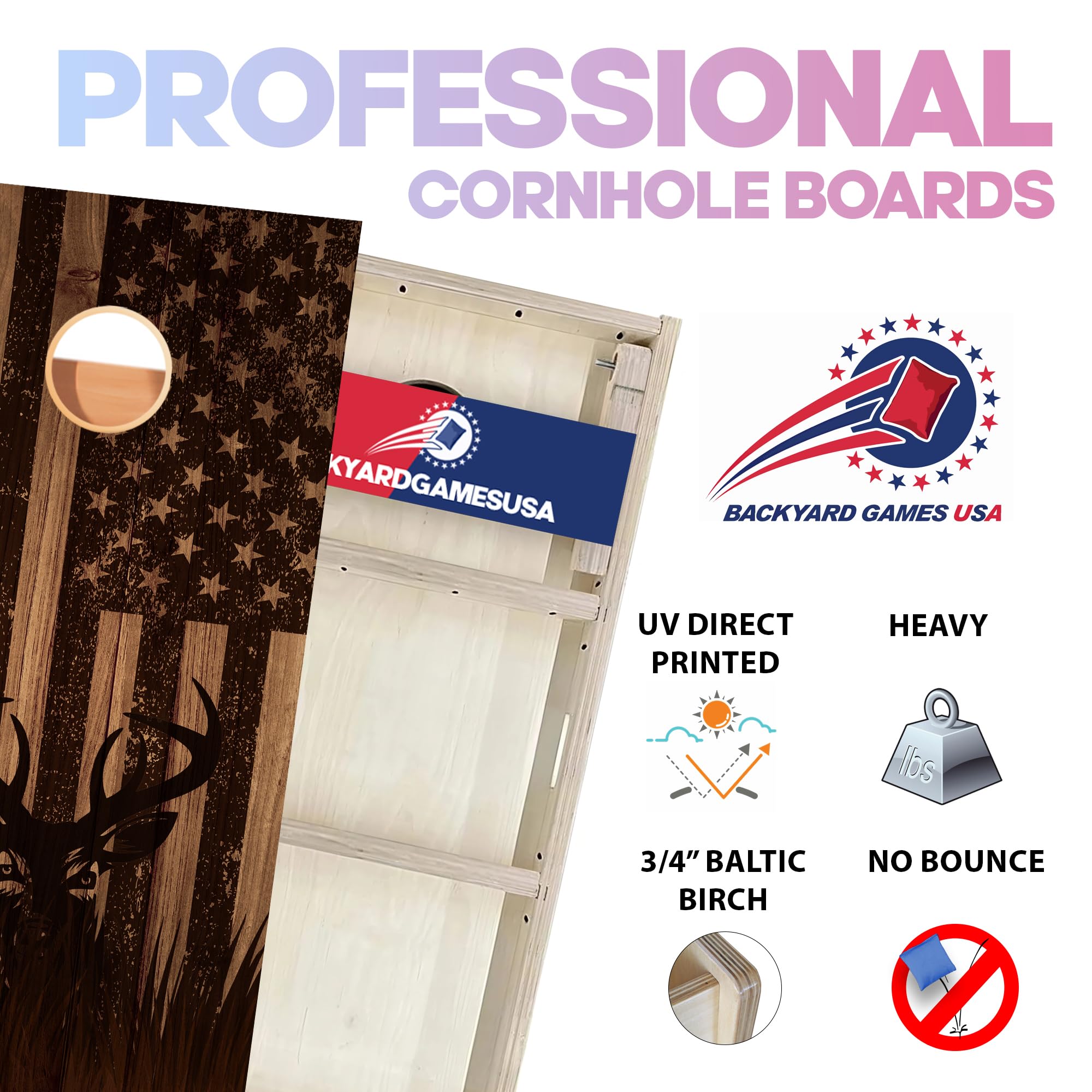 CornholeGamesUSA Pro Cornhole Boards Set | Made in USA | 3/4 Baltic Birch | No Bounce | Triple Thick Legs | Two Brace & Handles, Tournament 2x4 Regulation Set with Score Tower & Cornhole Bags