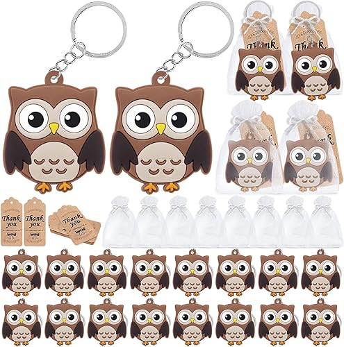 Paquete de 60 decoraciones de fiesta para invitados, 20 llaveros de búho, 20 etiquetas y 20 bolsas de regalo para fiestas temáticas del bosque,