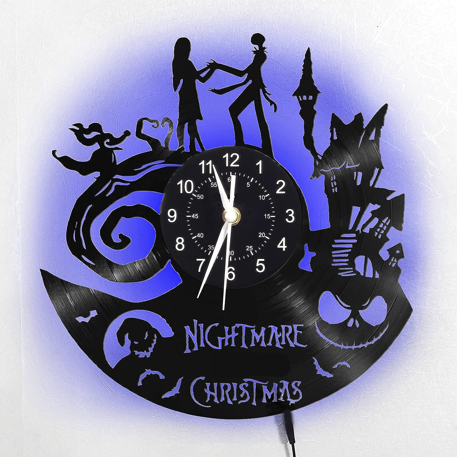 LED Vinyl Wall Clock Jack and Sally,12” Nightmare Christmas 7 Color Night Light Wall Clock Unique Home Decor Gifts(C)