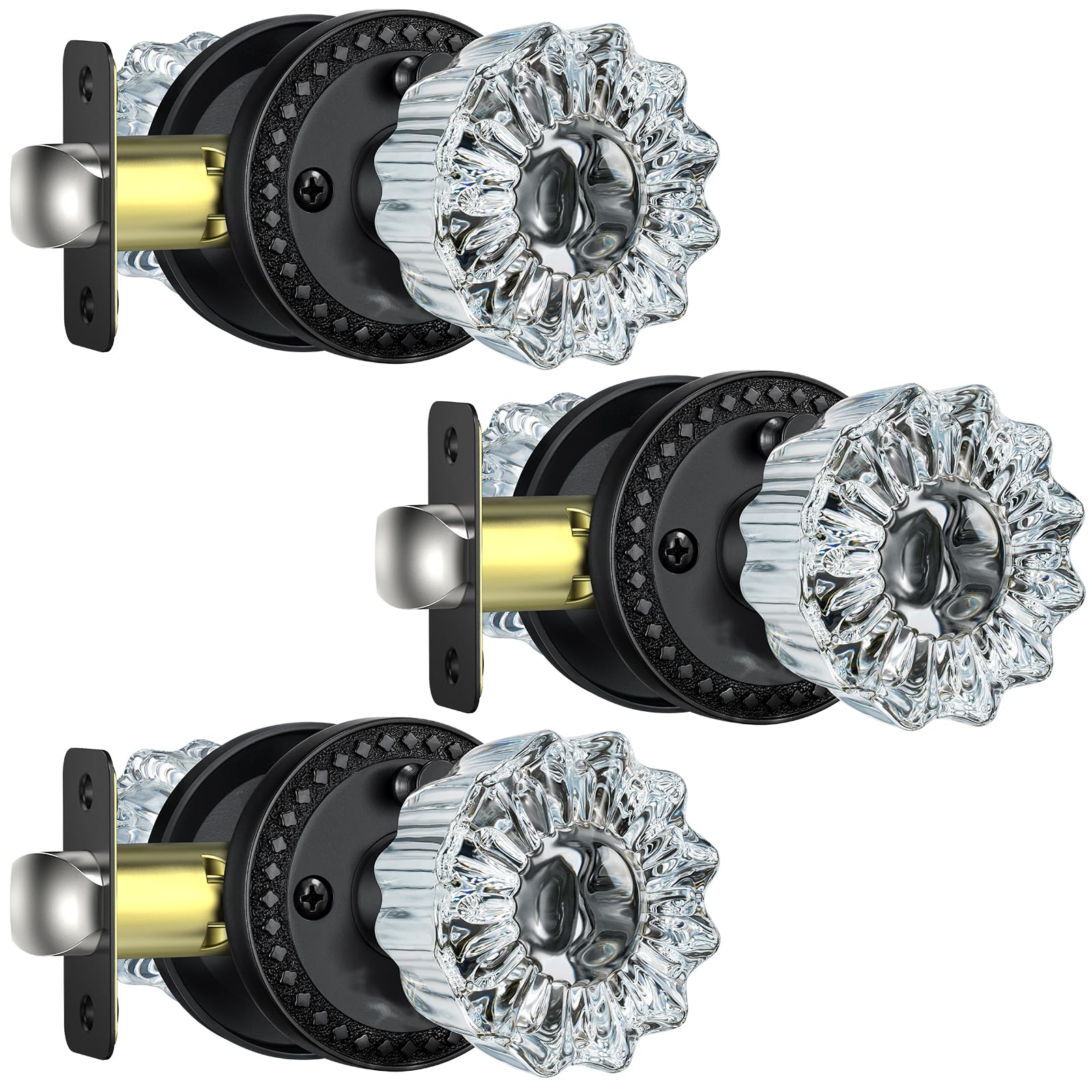 Antique Brass Glass Door Knobs - 3 Pack with Lock -18