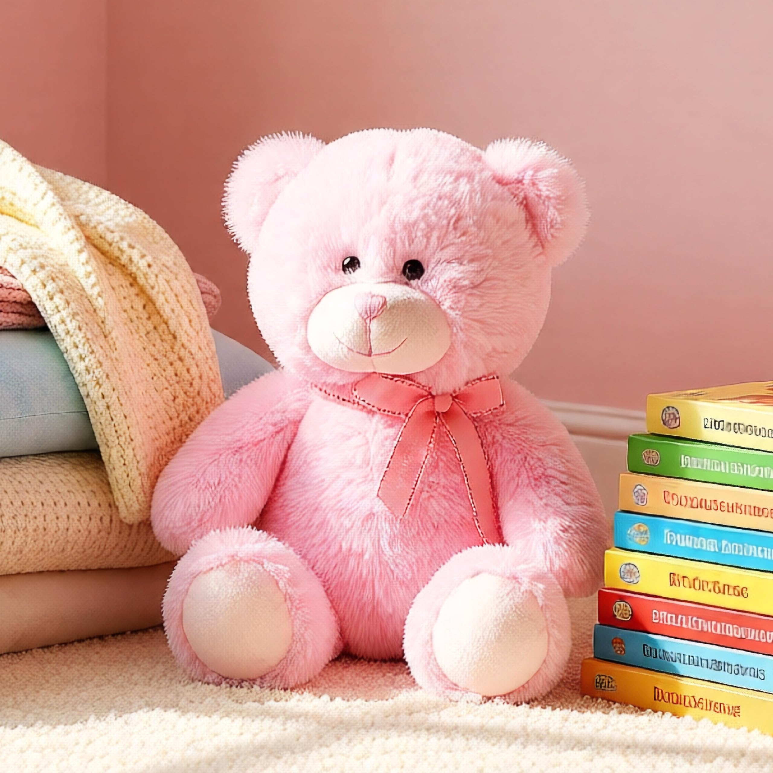 The Magic Toy Shop 11" Pink Teddy Bear with Ribbon - Super Soft Cuddly Stuffed Animal Toy - Suitable from Birth, Nursery Decor Gift for Newborn Baby Girls & Boys, Valentine's Day, Christening