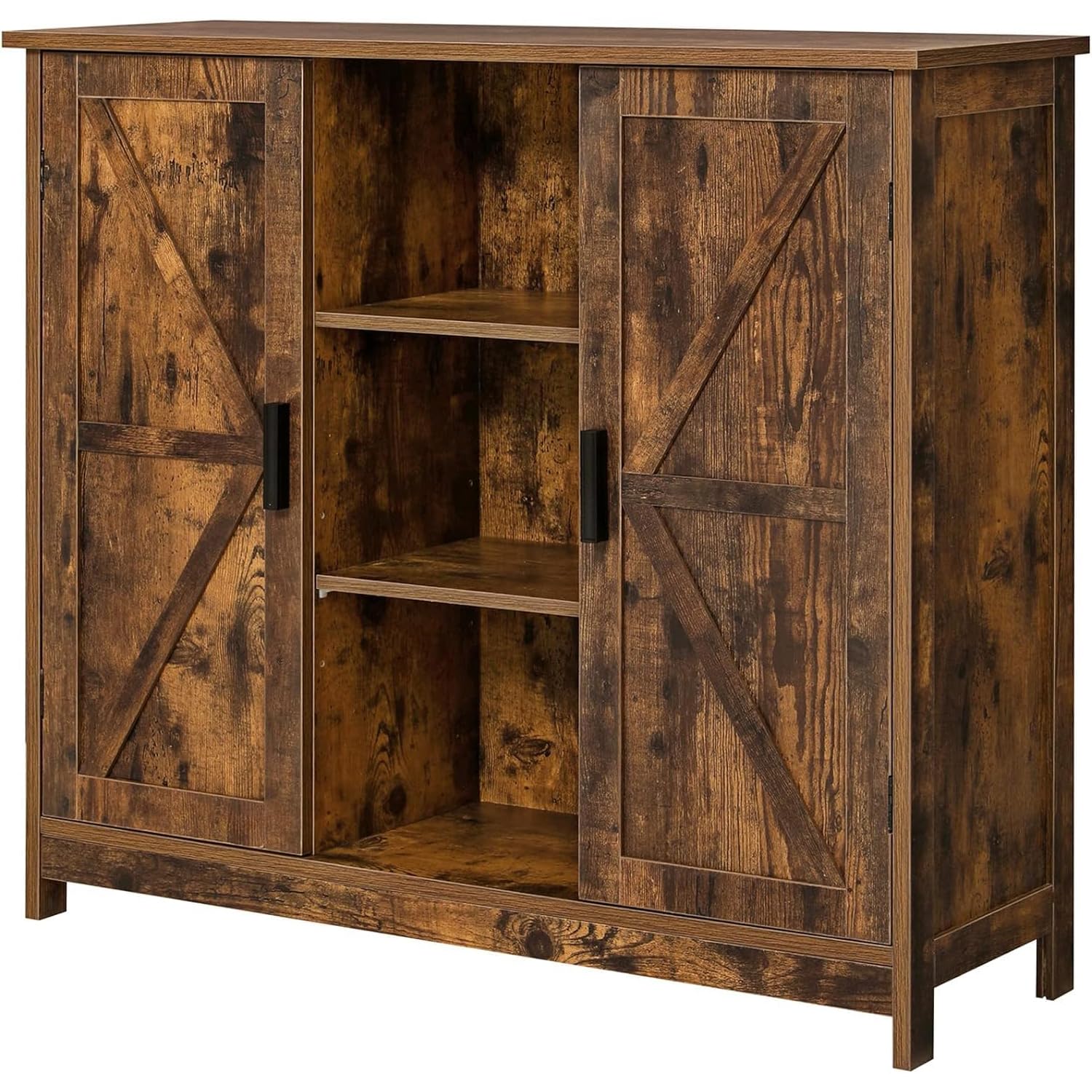 ROYAL POLAR Kitchen Cabinet Buffet Cabinet Storage Cabinet with 2 Barn Doors and 3 Adjustable Shelves, Open Compartment Storage Sideboard for Dining Room, Living Room， Rustic Brown