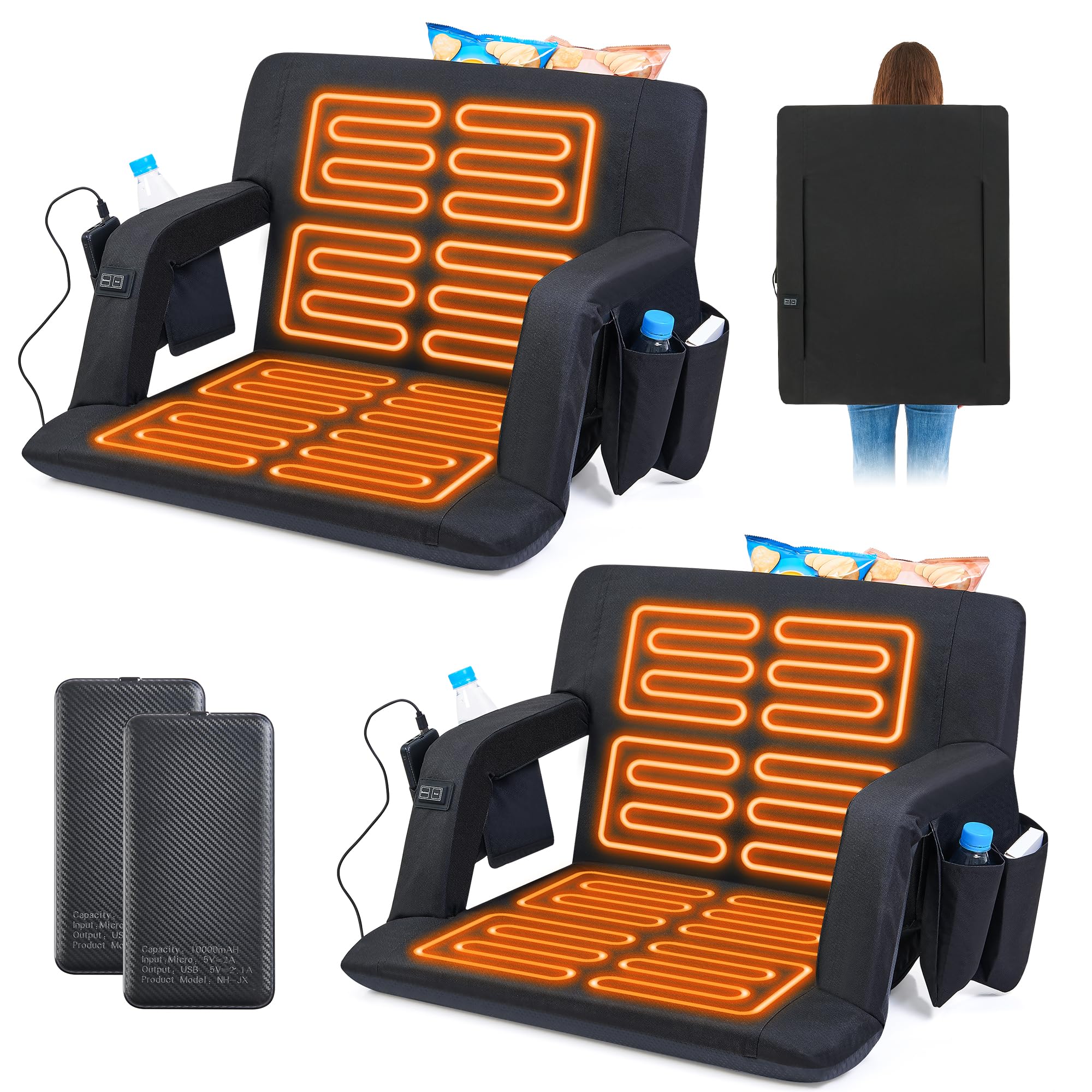 IFNOW Dual-Sided Heated Stadium Seats for Bleachers with Back Support, 24.8 Inches Folding with 6 Reclining Positions & 3 Levels Heating, Portable Stadium Chairs, Power Bank Included, 2 Pack