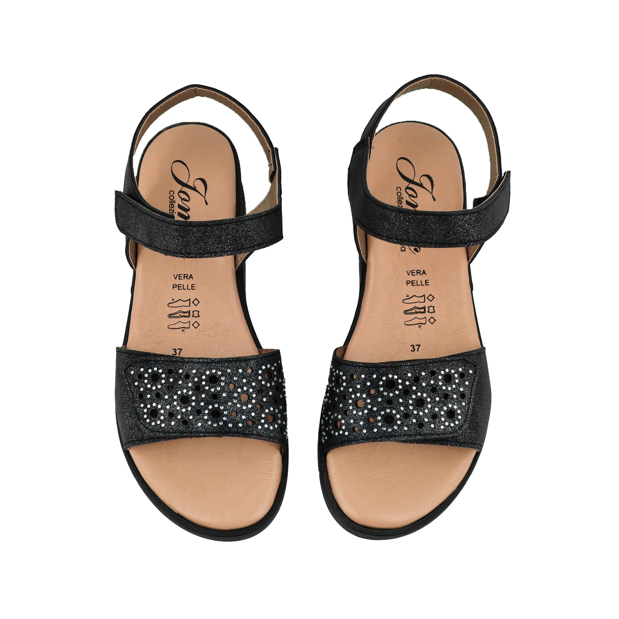 JOMIX Sandali Donna Estivi Zeppa Bassa in Vera Pelle Eleganti con Strass Comodi Chiusura a Strappo Made in Italy