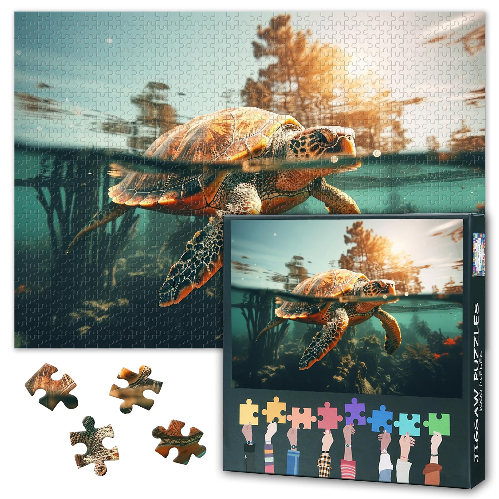 Jigsaw Puzzle 1000 Pieces for Adults Sea Turtle Swimming in Ocean Blue Water Marine Life Underwater Scene with Coral Reef Wildlife Nature Puzzle 27.5x19.7 Inch