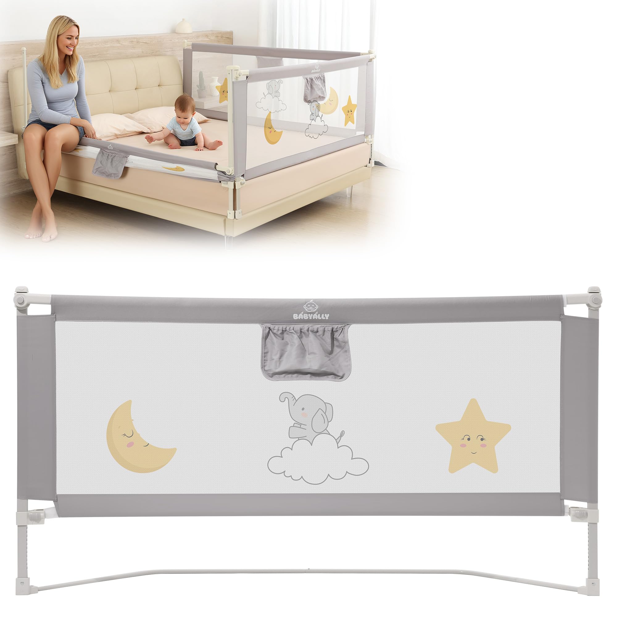 BabyAlly Rausfallschutz Bett 180cm, Baby Bettgitter Rausfallschutz für Kleinkinder mit Muster - 3 Minuten schnelle Installation