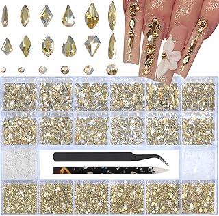 HNUIX Nail Rhinestones - 3D Multiple Shape Size Gems, Champagne Gold, Ma...