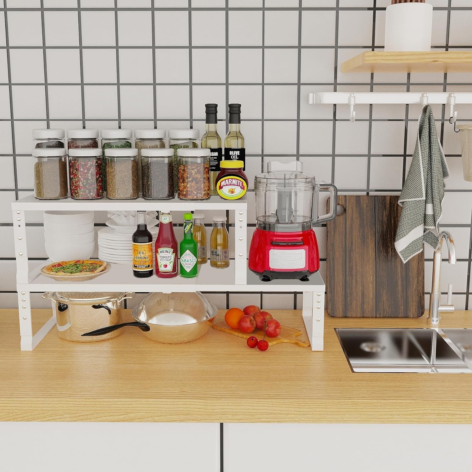 Jojocross Expandable Cabinet Shelf Organizer Storage Spice Rack Shelves for Kitchen Stackable Adjustable Pantry Cupboard Bathroom Countertop Desktop(2Packs/White/Large)