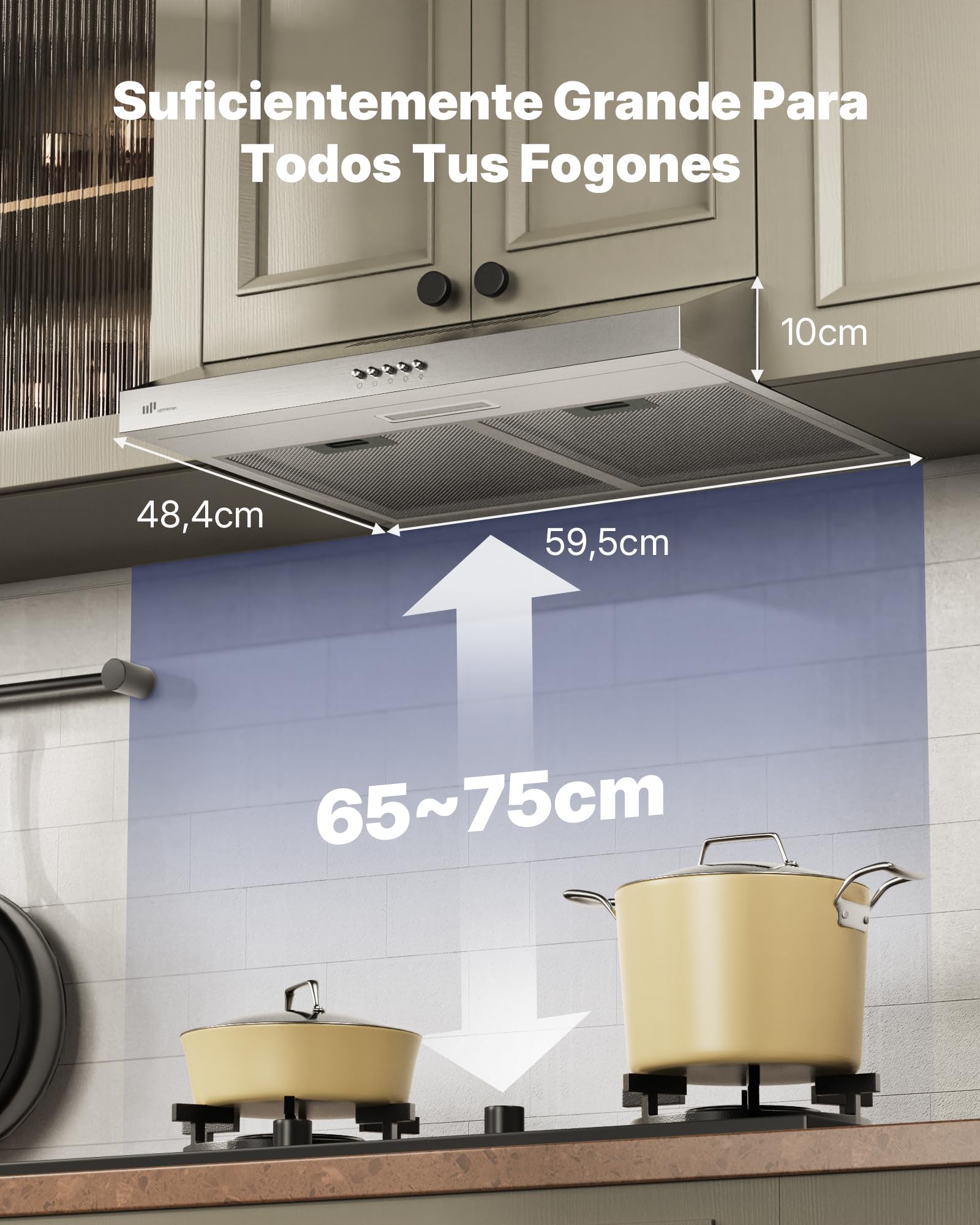 Upstreman Campana Extractora 60 cm，Classe A+++, 3 Niveles Recirculación (220 m³/h), Extraído & Recirculado con Filtro de Carbón,61 dB, iluminación LED 1,5 W, Acero Inox, HU60