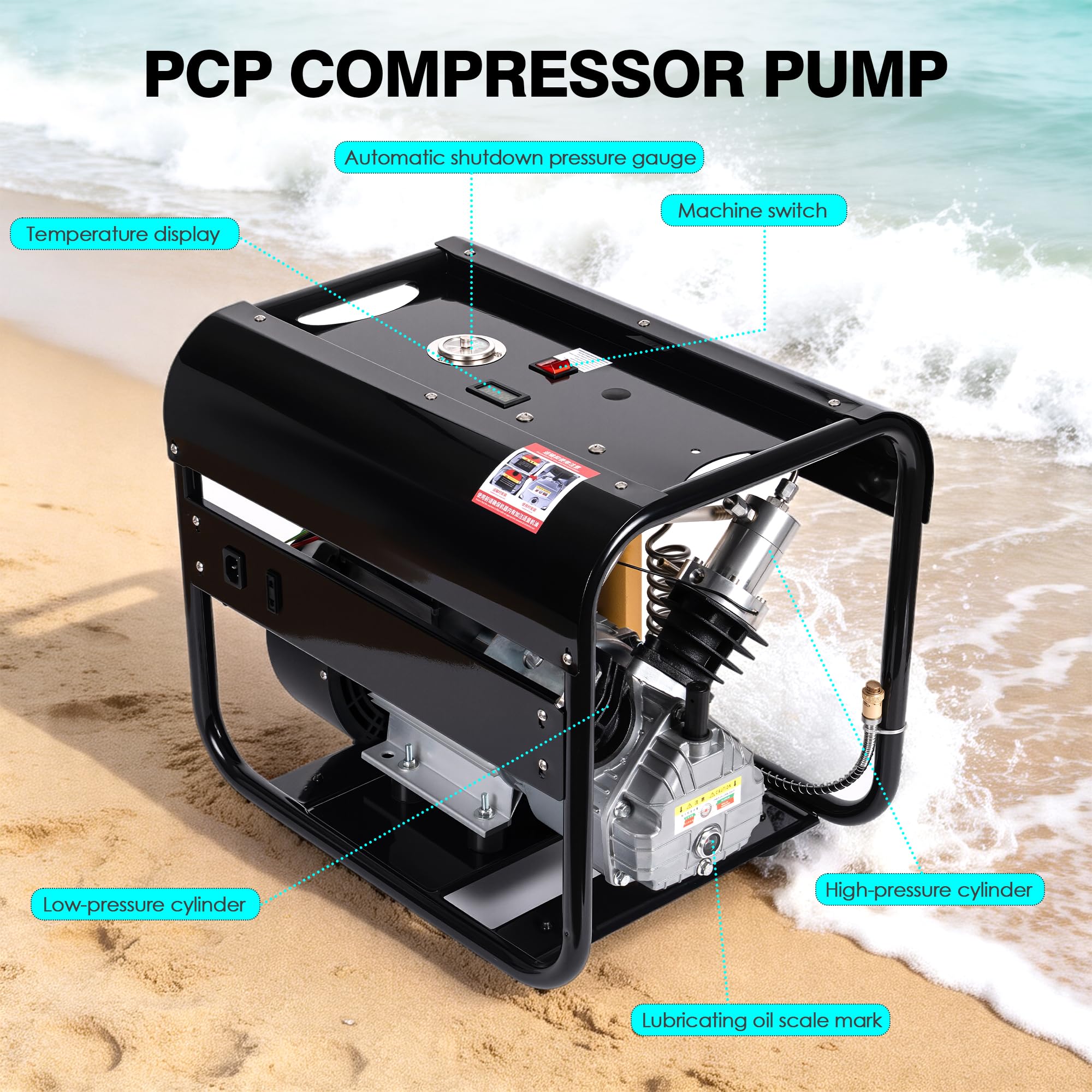 TUXING 4500Psi PCP-Luftkompressor, eingebauter zweistufiger Filter mit Wasser-Öl-Abscheider, Auto-Stopp-Version, zum Laden von Paintball-/Tauchflaschen, 220 V (TXEDM042)