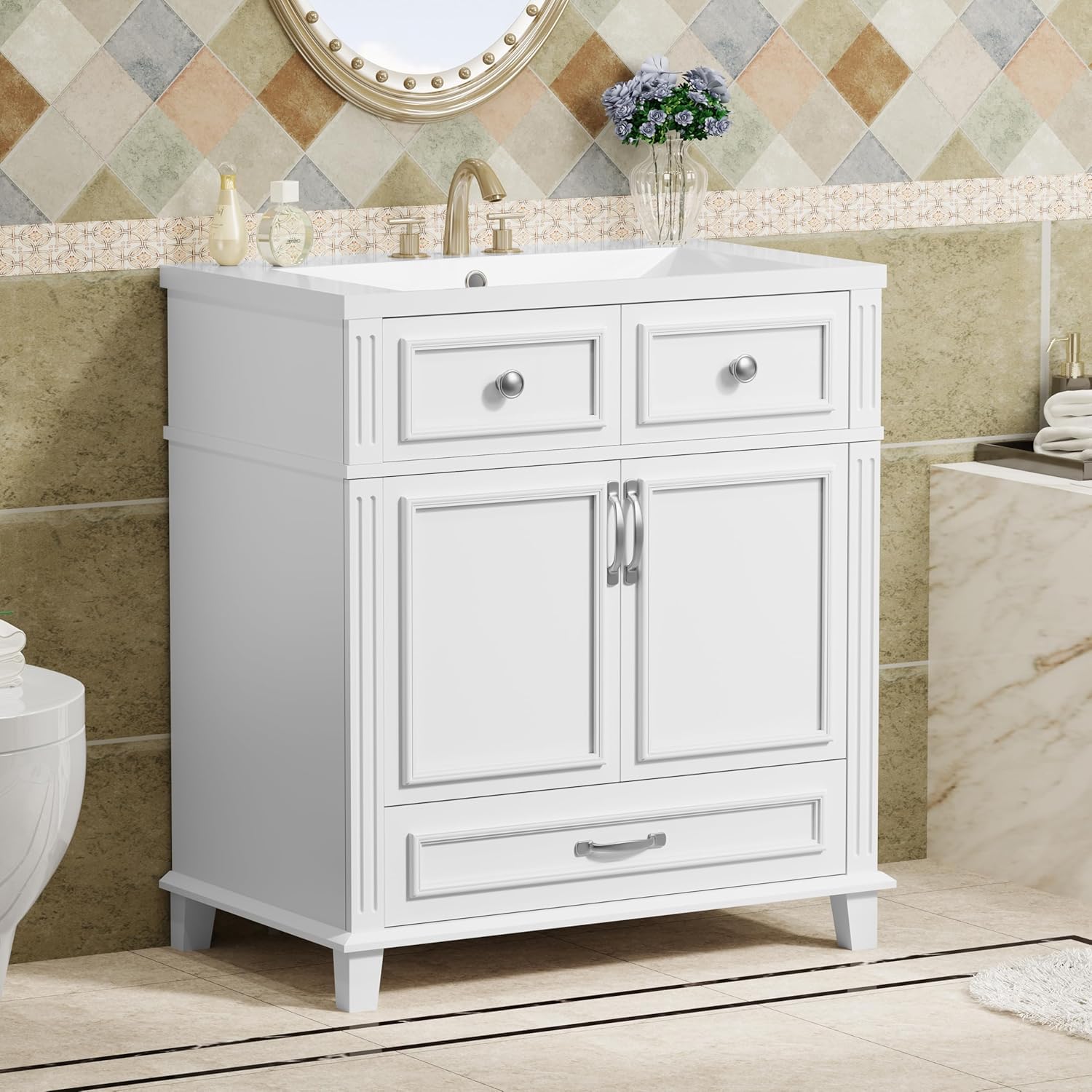Virubi 30 Inch Bathroom Vanity with Sink Combo, Solid Wood Frame Bathroom Storage Cabinet with 2 Doors and 1 Drawer, Freestanding Bathroom Vanities, Soft Closing