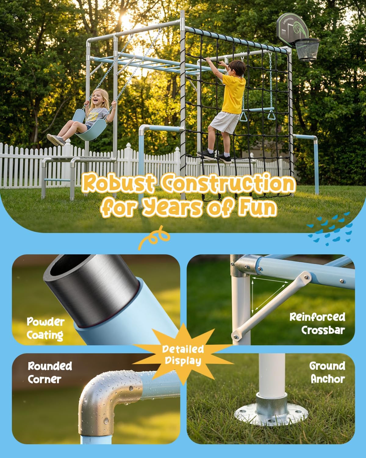 Outdoor Jungle Gym 7-In-1 with Climbing Net, Basketball Hoop, Monkey Bar, Climbing Set, Trapeze Swing Bar, Belt Swing, Kids Gymnastics Bar,Powder Coated Galvanized Steel for Backyard,White