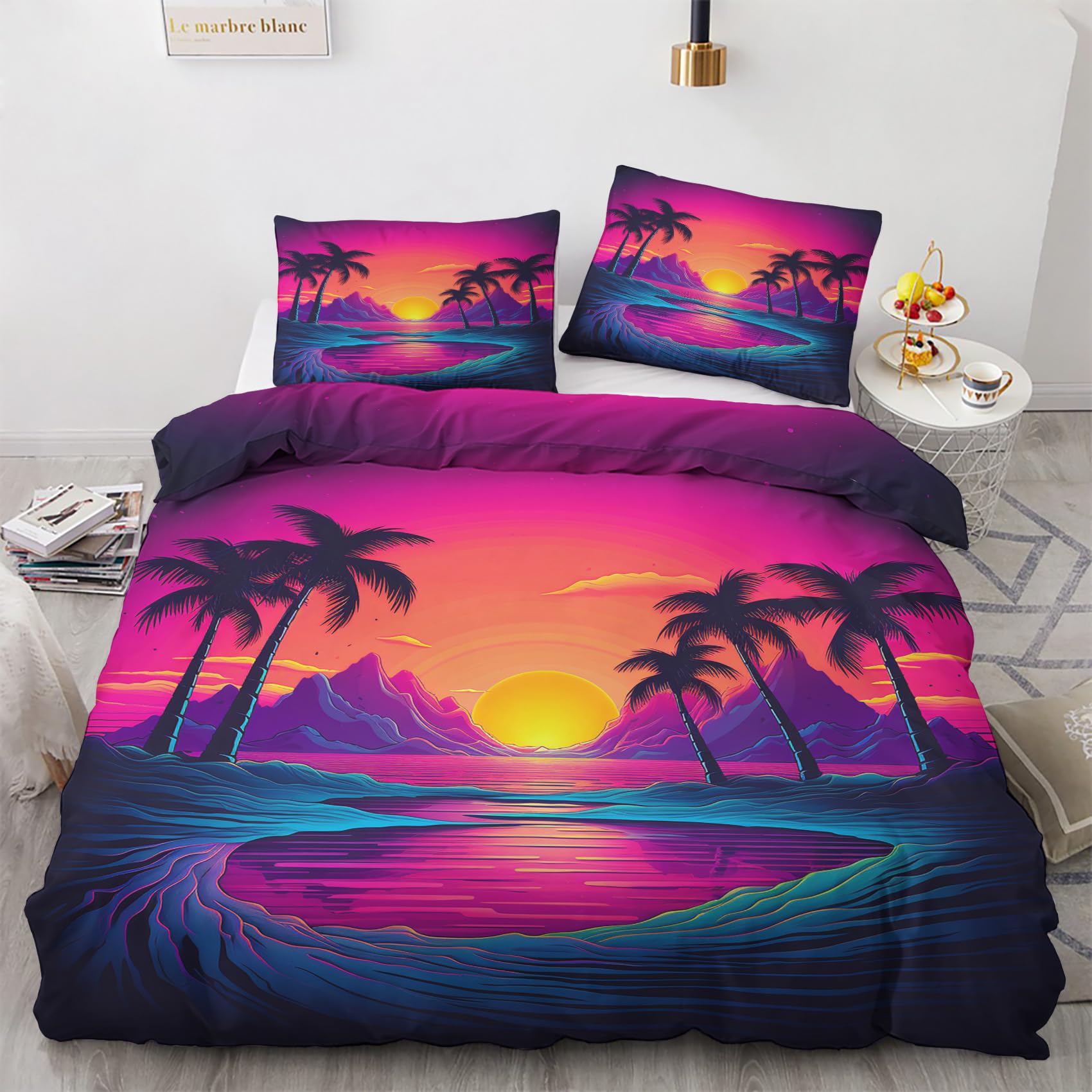 Vaporwave Duvet Cover Single - Neon Tropical Sunset Landscape Reversible Patterned Bedding with Zipper Closure, Easy Care Soft Brushed Microfiber Quilt Cover Set 2 pcs with 1 Pillowcase 50x75 cm