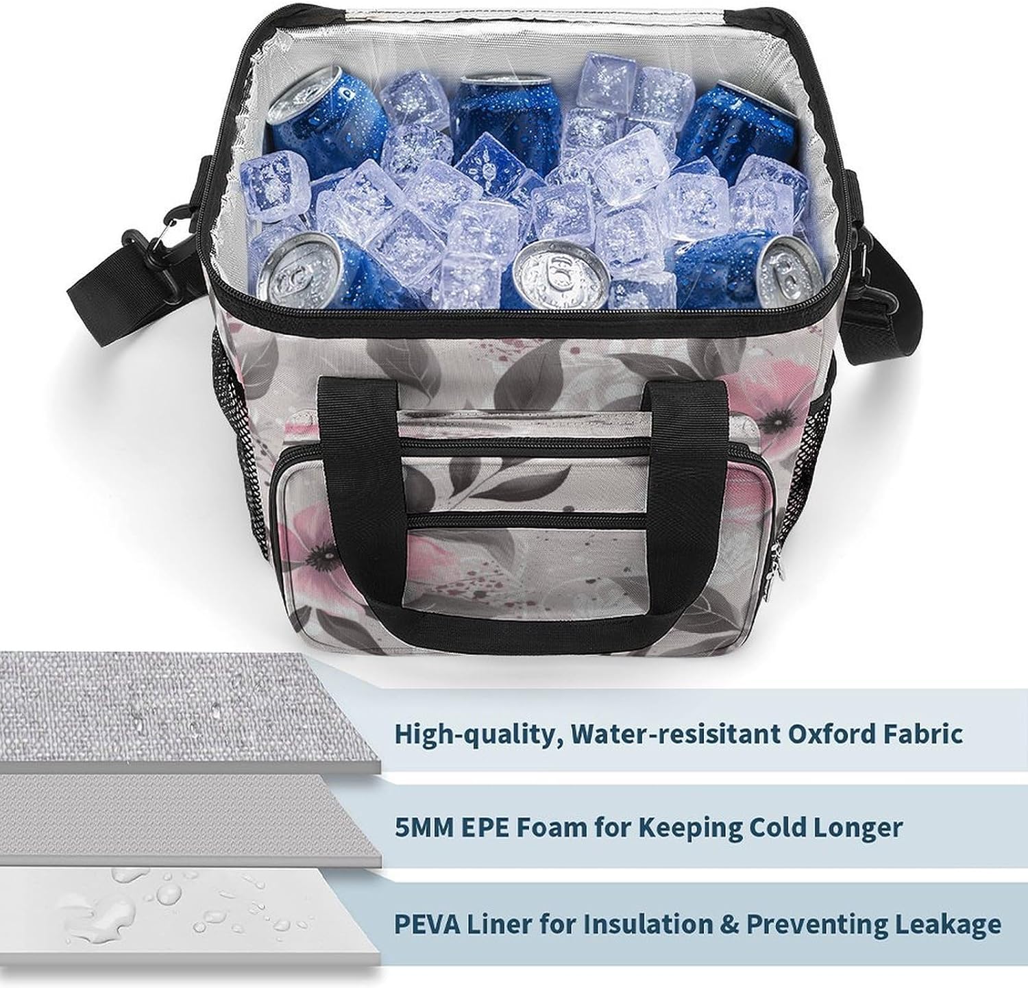 Pink Flowers and Leaves on Gray Cooler Bags Portable Soft Cooler Bag Lightweight Ice Chest Insulated Lunch Bags Camping Cooler Bag Cooler Lunch Tote Coolers for Picnic Travel Beach