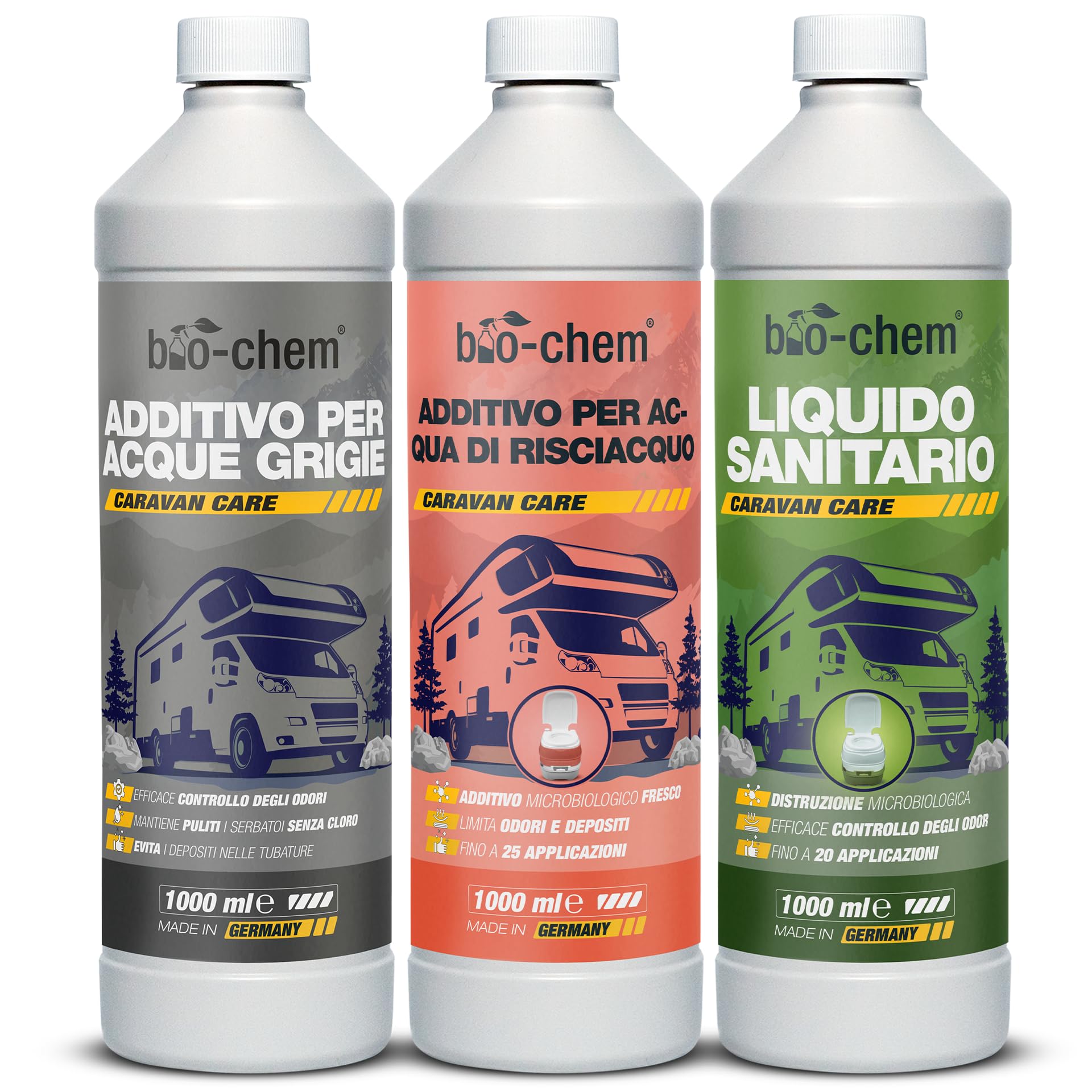 bio-chem - Set di Prodotti detergenti per WC di Camper e roulotte - Liquido Sanitario 1L e Additivo Sanitario 1L - Nuova Formula con microrganismi per WC chimici da roulotte