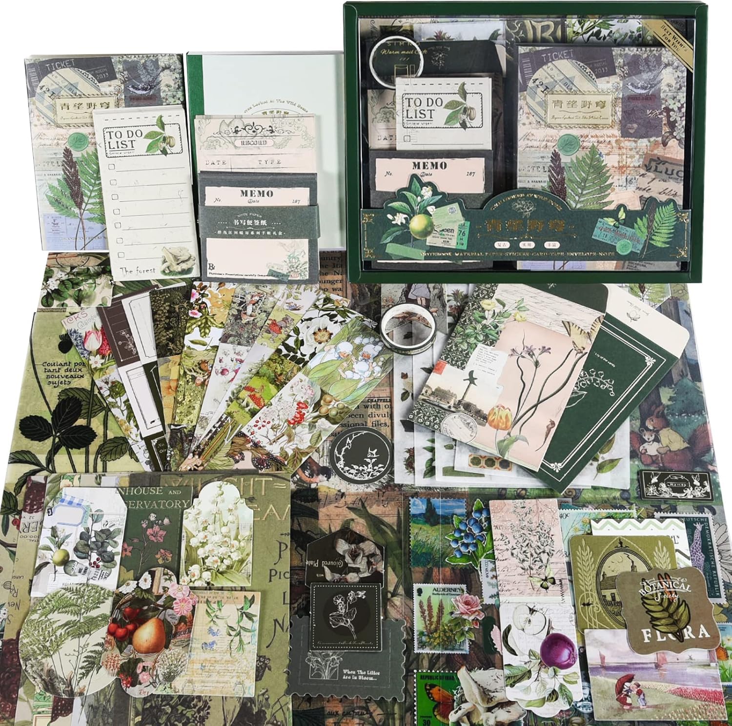 WEMOL Vintage Journal Scrapbook Pack Kit for Art Journaling Bullet, Planners DIY Paper Stickers, Craft Kits Notebook, Collage Album Aesthetic Sticker (Green)