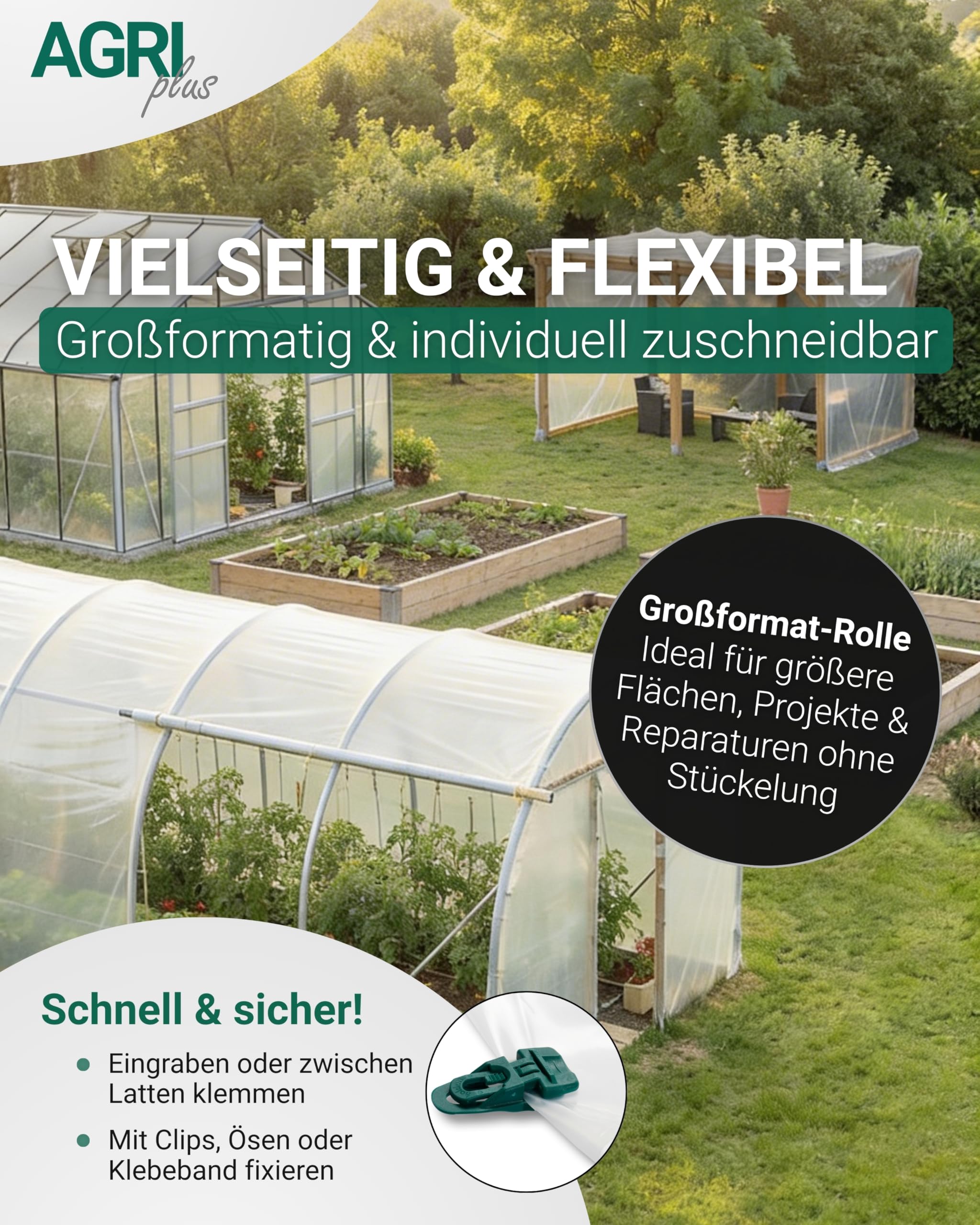 AGRI plus Gewächshausfolie I 1,5 x 50 m I UV-beständige, wetterfeste & reißfeste Gartenfolie I 150 µ Starke Abdeckfolie für Gewächshaus, Frühbeet & Outdoor-Einsatz
