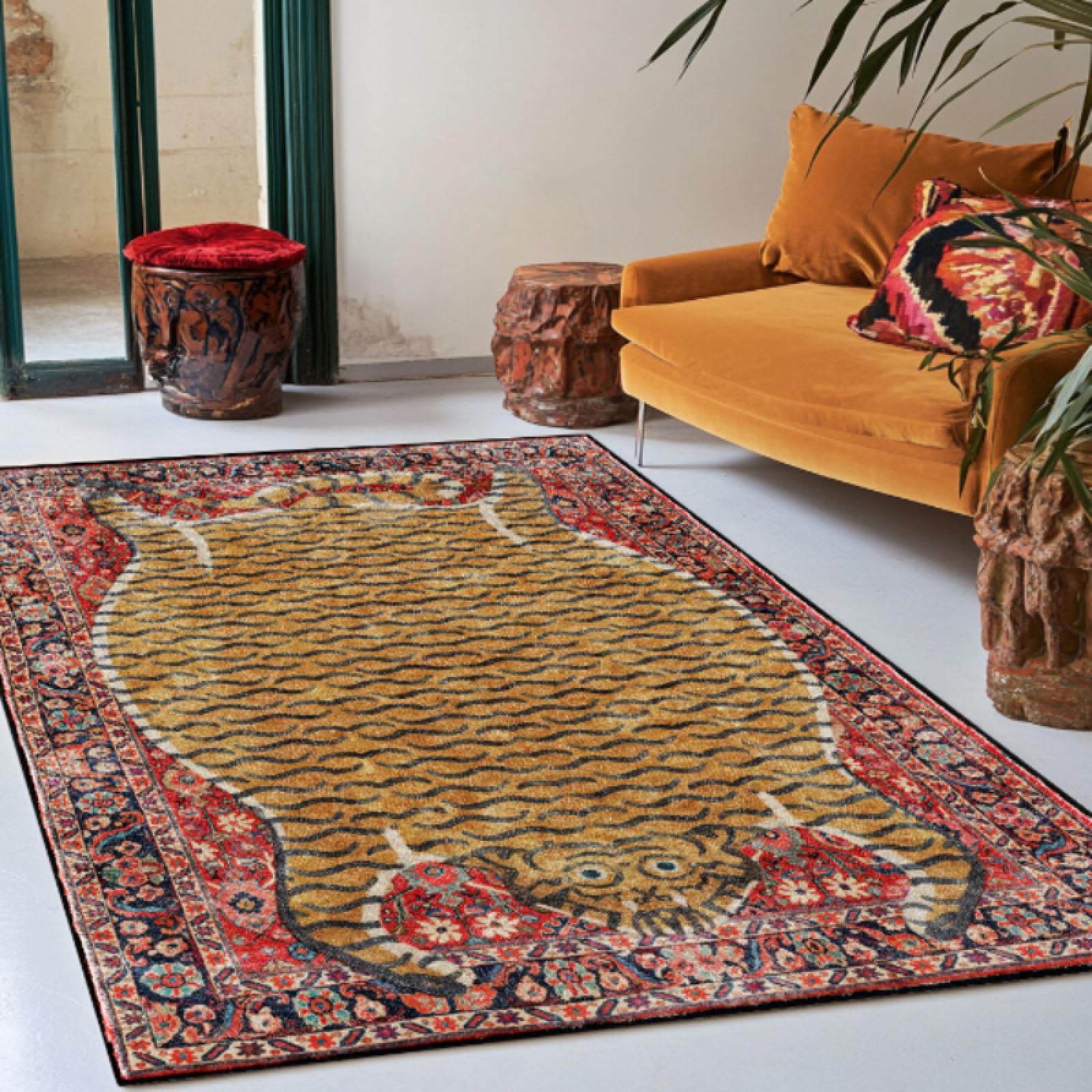 Tapis ethnique léopard rouge de qualité : grand format 160x230 poil doux